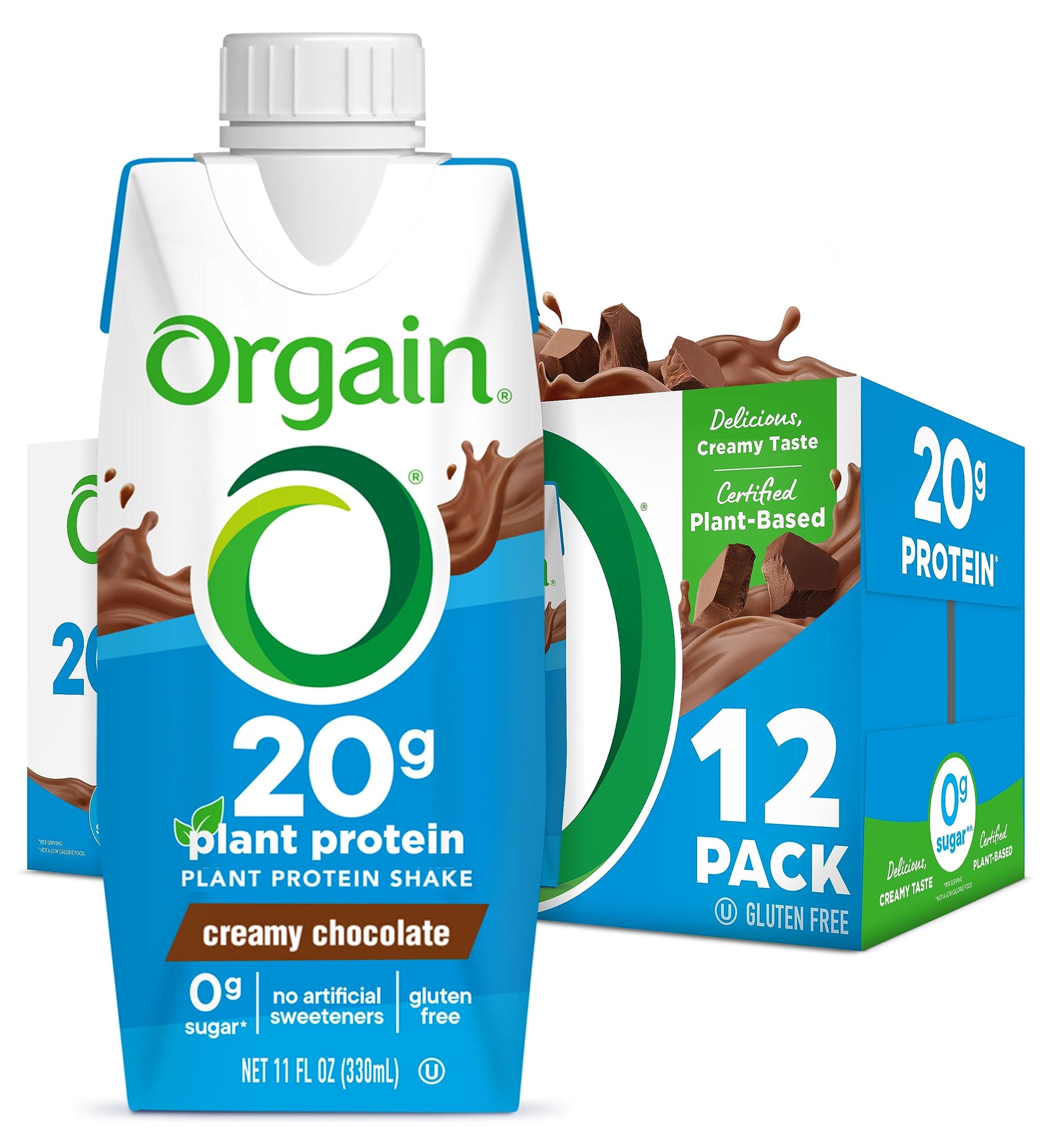 Orgain Organic Vegan Protein Shake - 20g Plant Based Protein, Ready to Drink, 11 Fl Oz, Chocolate Flavor, Gluten Free, Pack of 12