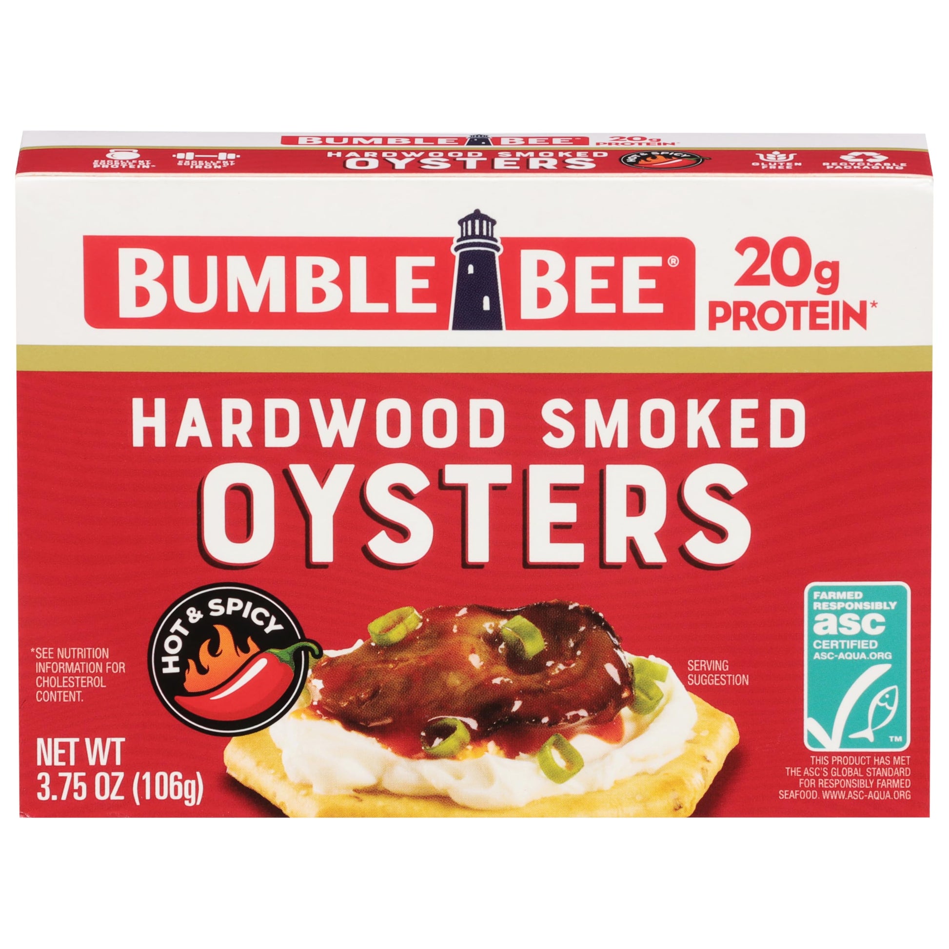 Bumble Bee Hot & Spicy Hardwood Smoked Oysters, Gluten Free, 3.75 oz Tin, 20g Protein per Serving