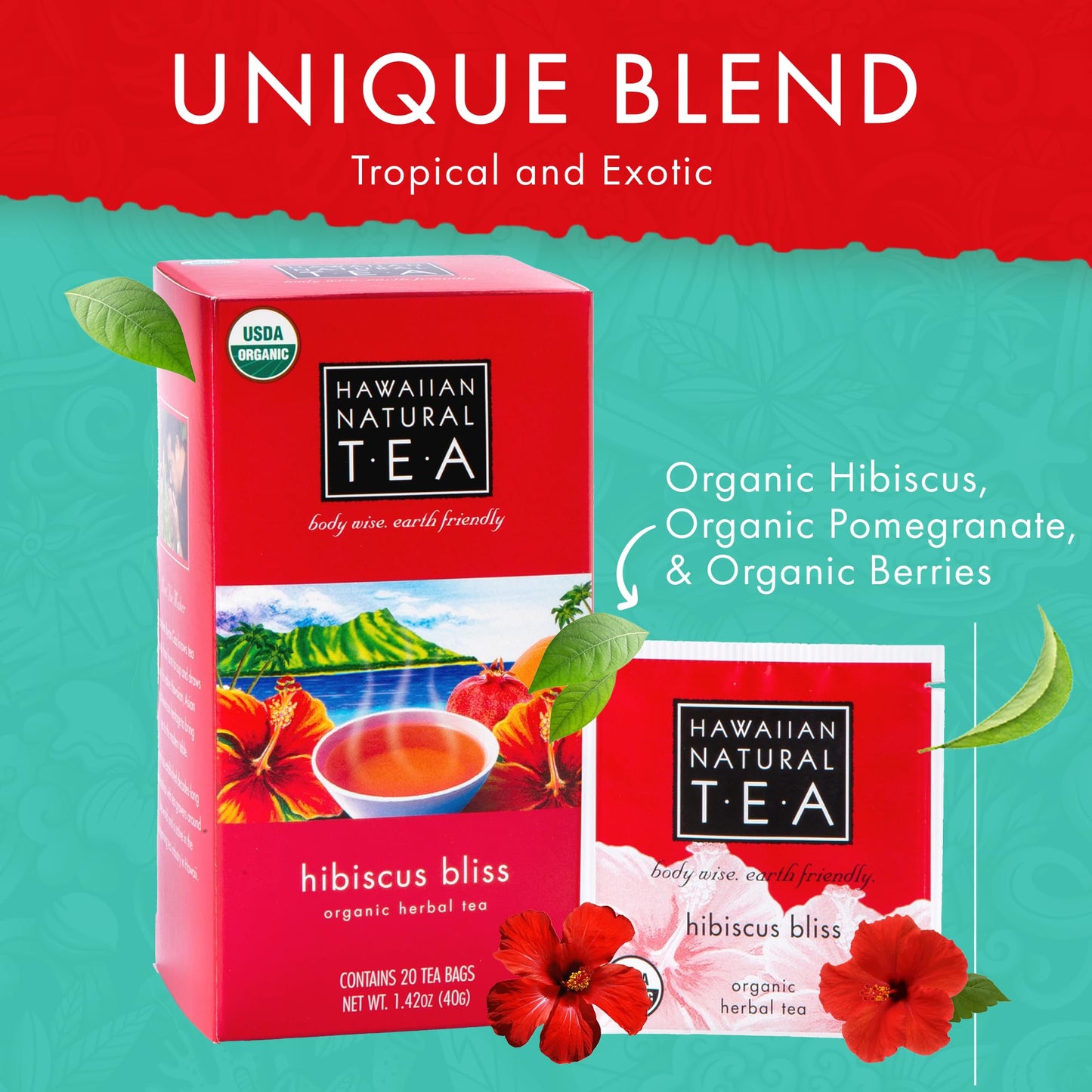 HAWAIIAN NATURAL T·E·A Hibiscus Flavored Herbal Tea - Caffeine Free, 120 Bags, Organic, 20 Count (Pack of 6)