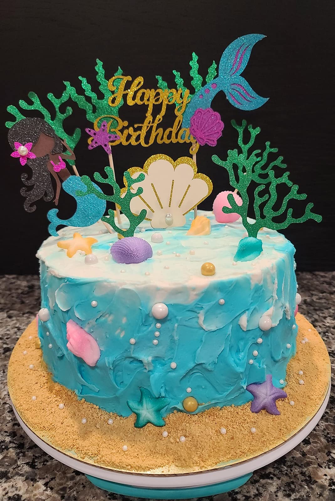 Alissar Glitter Mermaid Theme Birthday Cake Topper With Seaweed And Mermaid, Cake Cupcake Toppers For Girls Mermaid Themed Birth