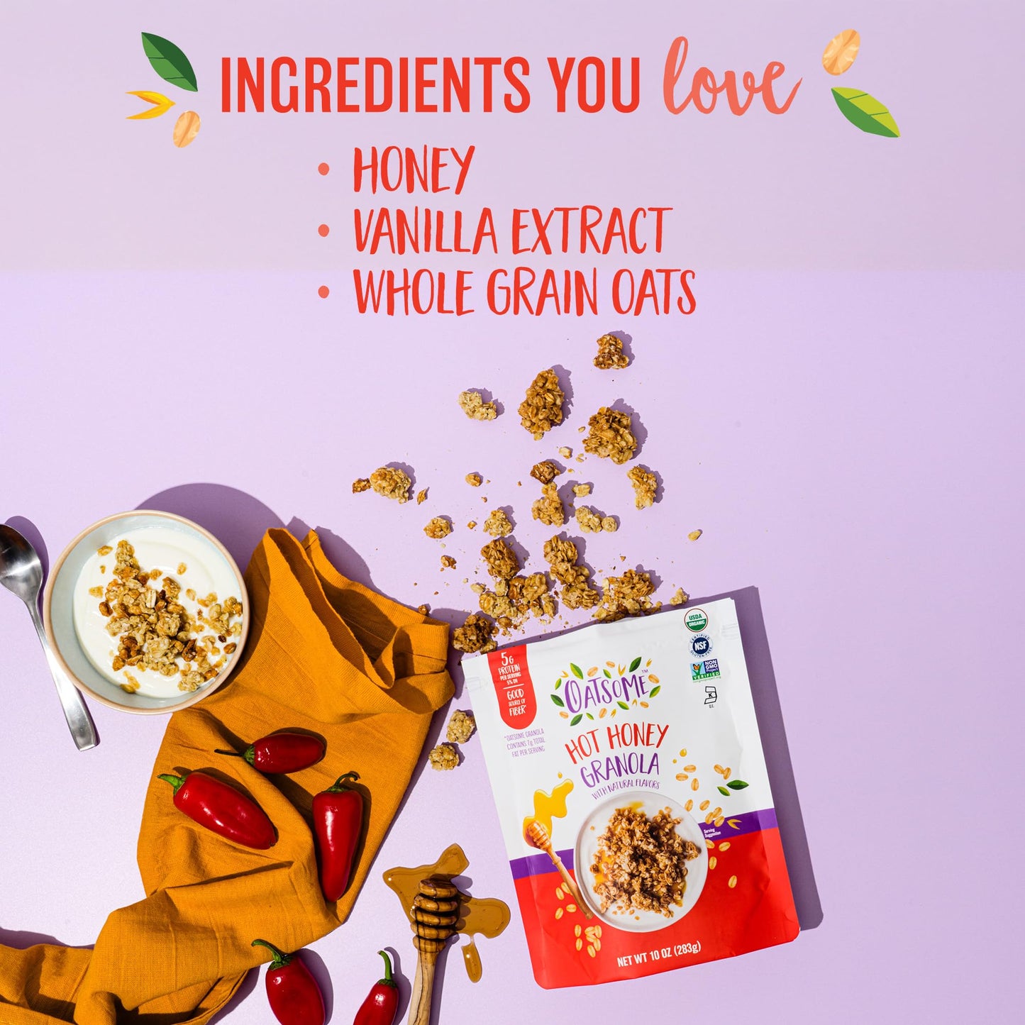 Oatsome Hot Honey Granola, 5G Protein, Gluten Free, Made With Real Honey, Whole Grain Organic Oats & Chili Pepper Flavor, For Pr