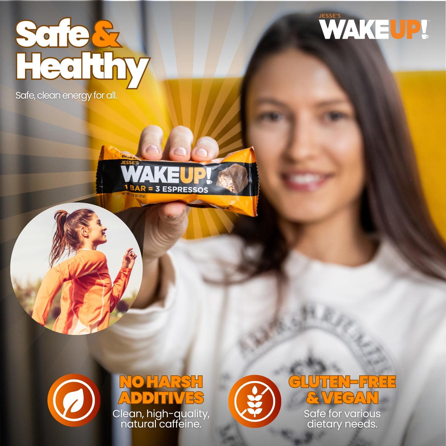 Wake Up!™ Chocolate Caffeinated Protein Bars – 350 Mg Clean Caffeine (1 Bar = 3 Espressos) • Vegan, Gluten-Free, Kosher • Plant-Based Energy + Protein • On-The-Go Focus & Endurance