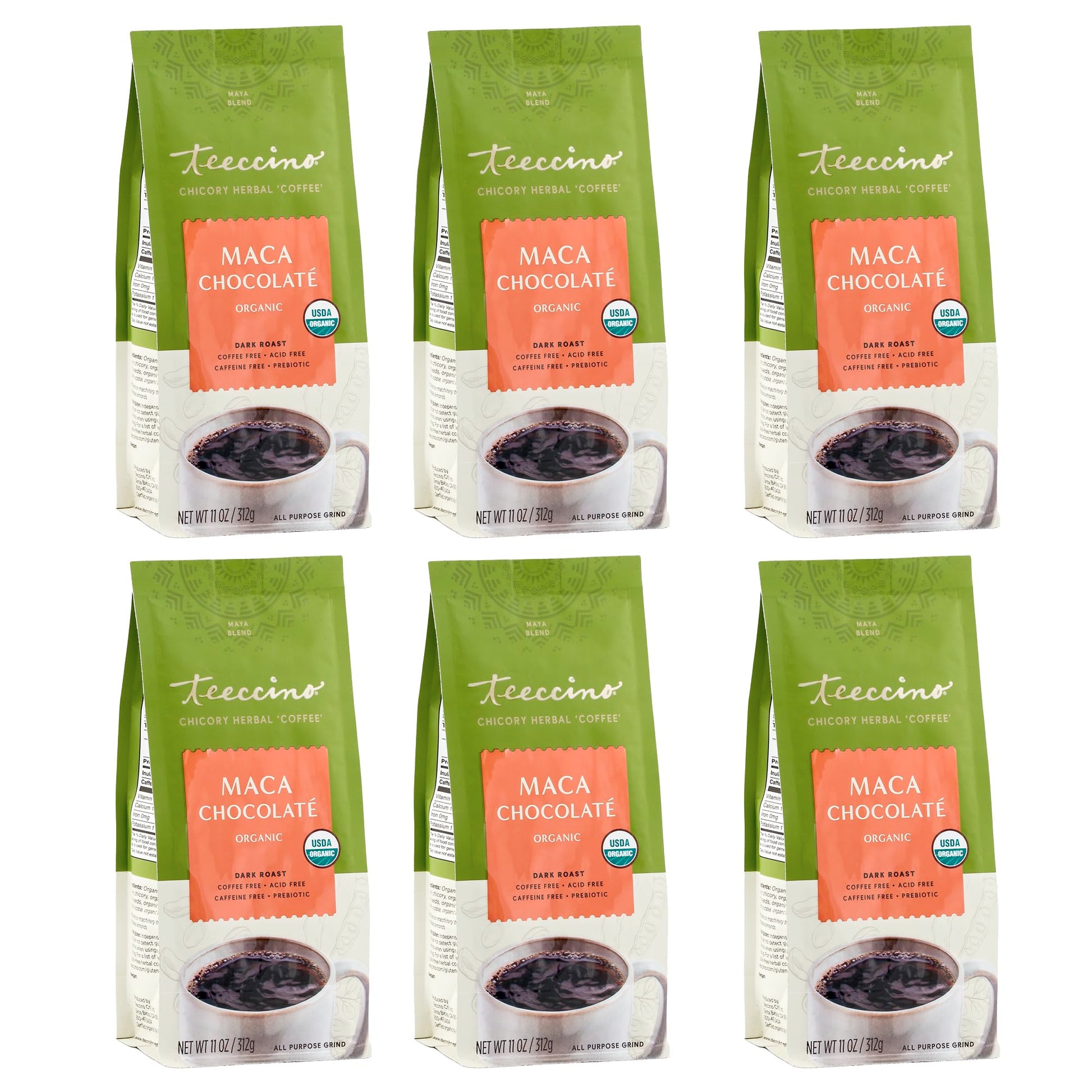Teeccino Maca Chocolaté Ground Herbal Coffee Alternative, Dark Roast, Caffeine Free, 11 Ounce (Pack of 6)