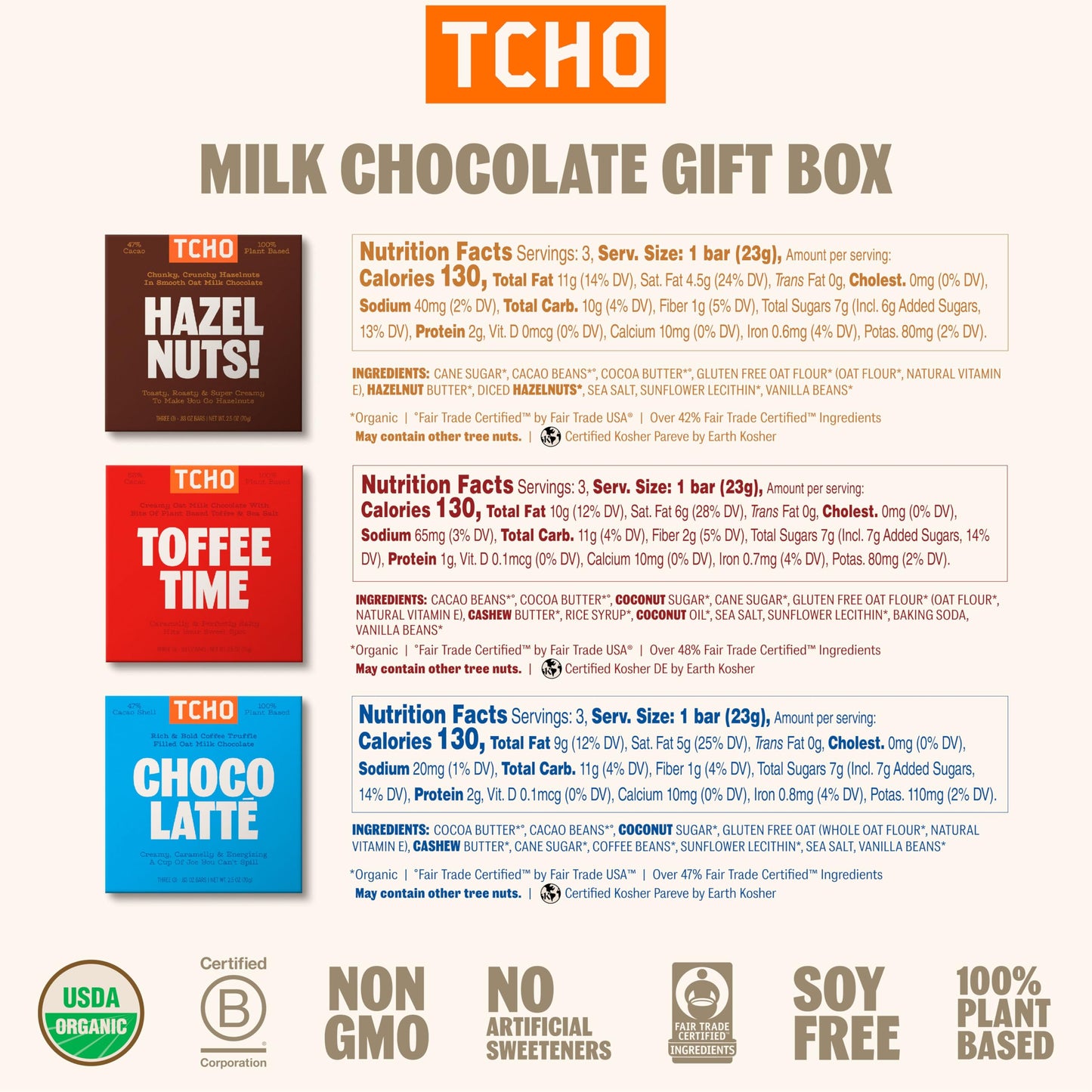 Tcho Organic Milk Chocolate Gift Box - 100% Plant-Based% Vegan - Gourmet Selection Of Choco Latte, Hazel Nuts, And Toffee Time -