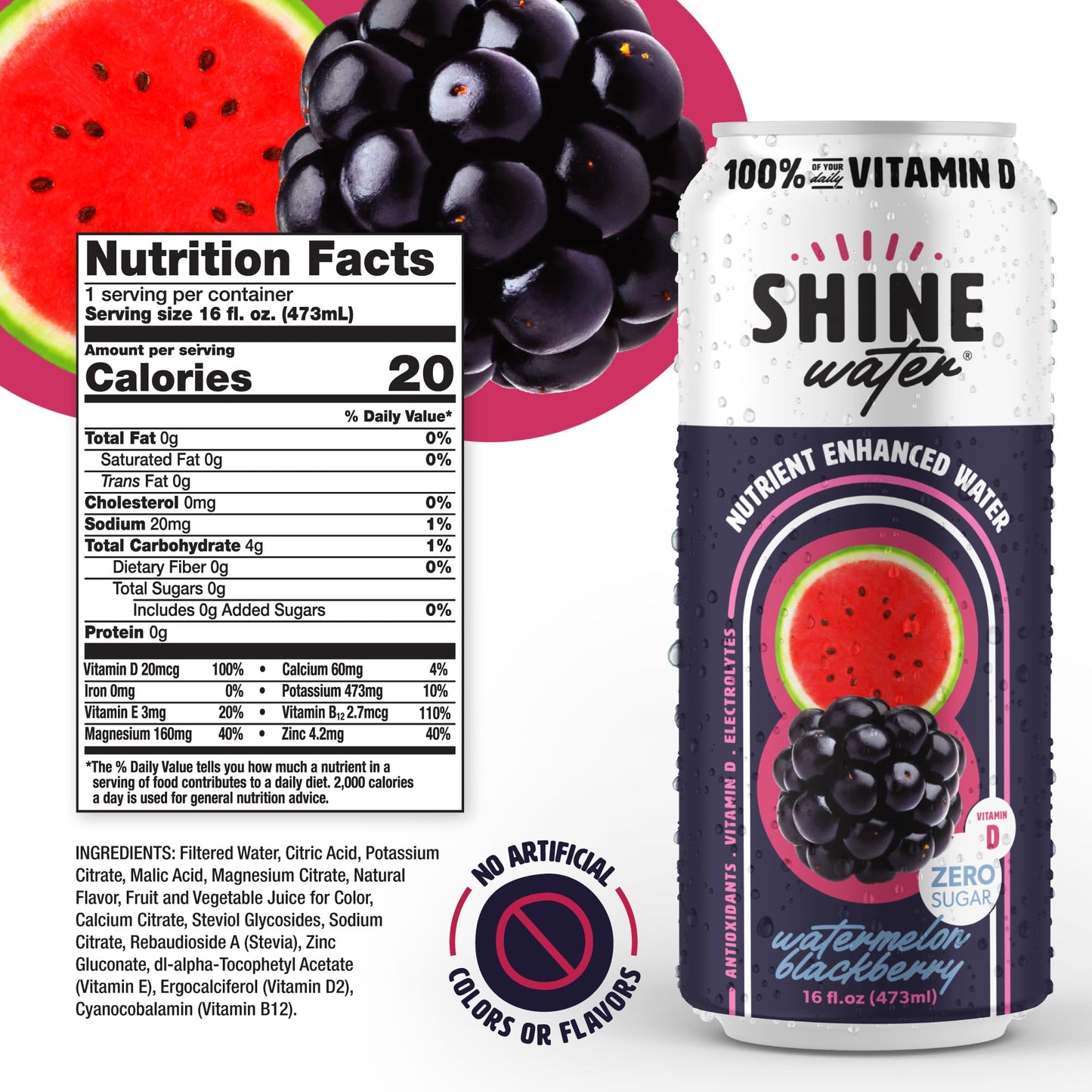ShineWater Vitamin D Hydration Electrolyte Drink - Flavored Water with Electrolytes, Sugar-Free, Magnesium, Zinc, Vitamin B12, P