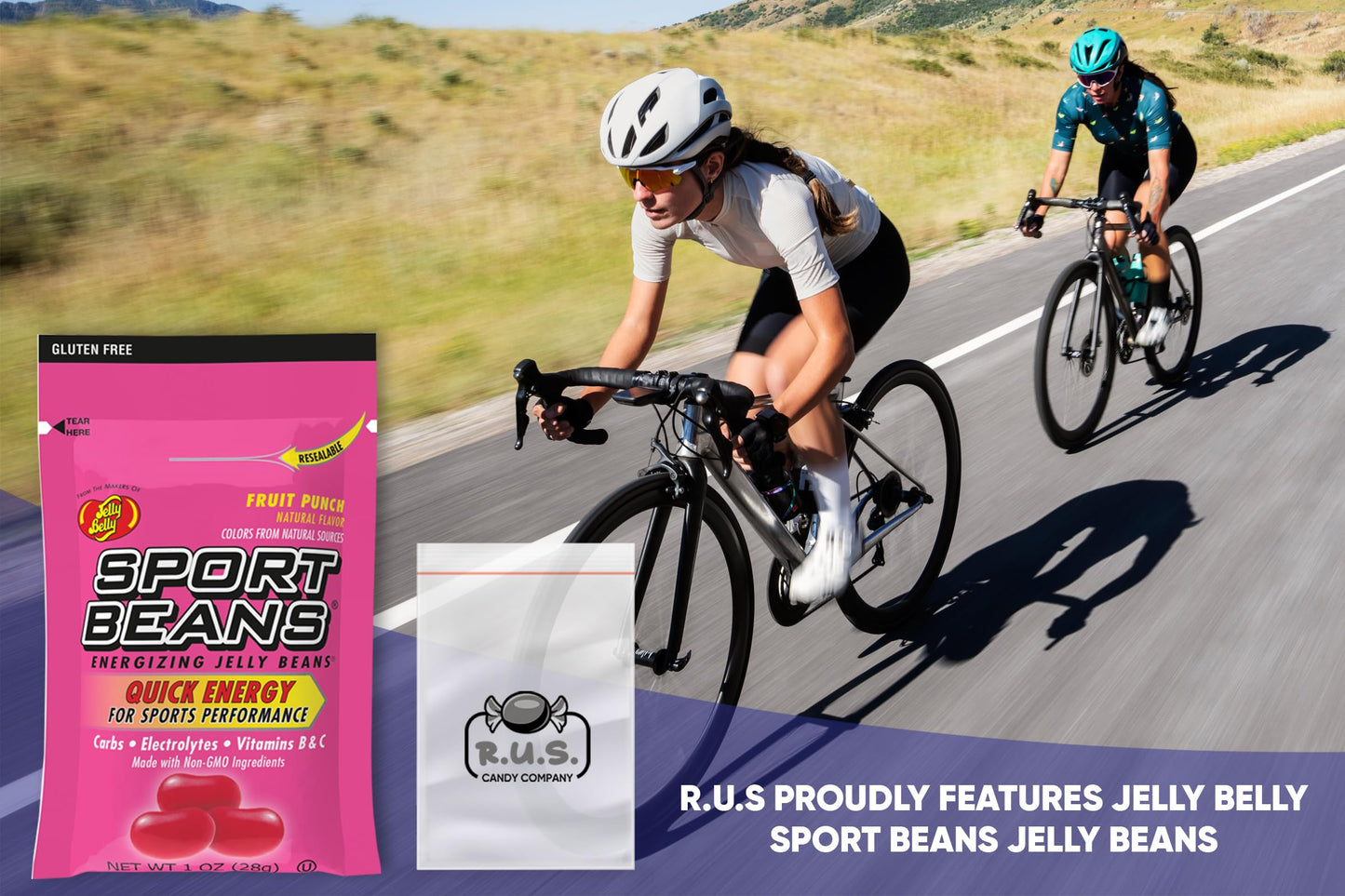 Jelly Belly Sport Beans- Energizing Jelly Beans - 24 Pack-Includes Rus Candy Company Travel Size Pocket Bag (Fruit Punch)