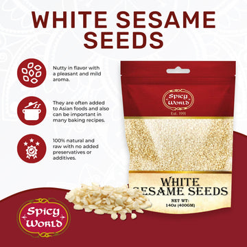 White Sesame Seeds 14Oz Bag - Natural, Raw, Hulled - By Spicy World