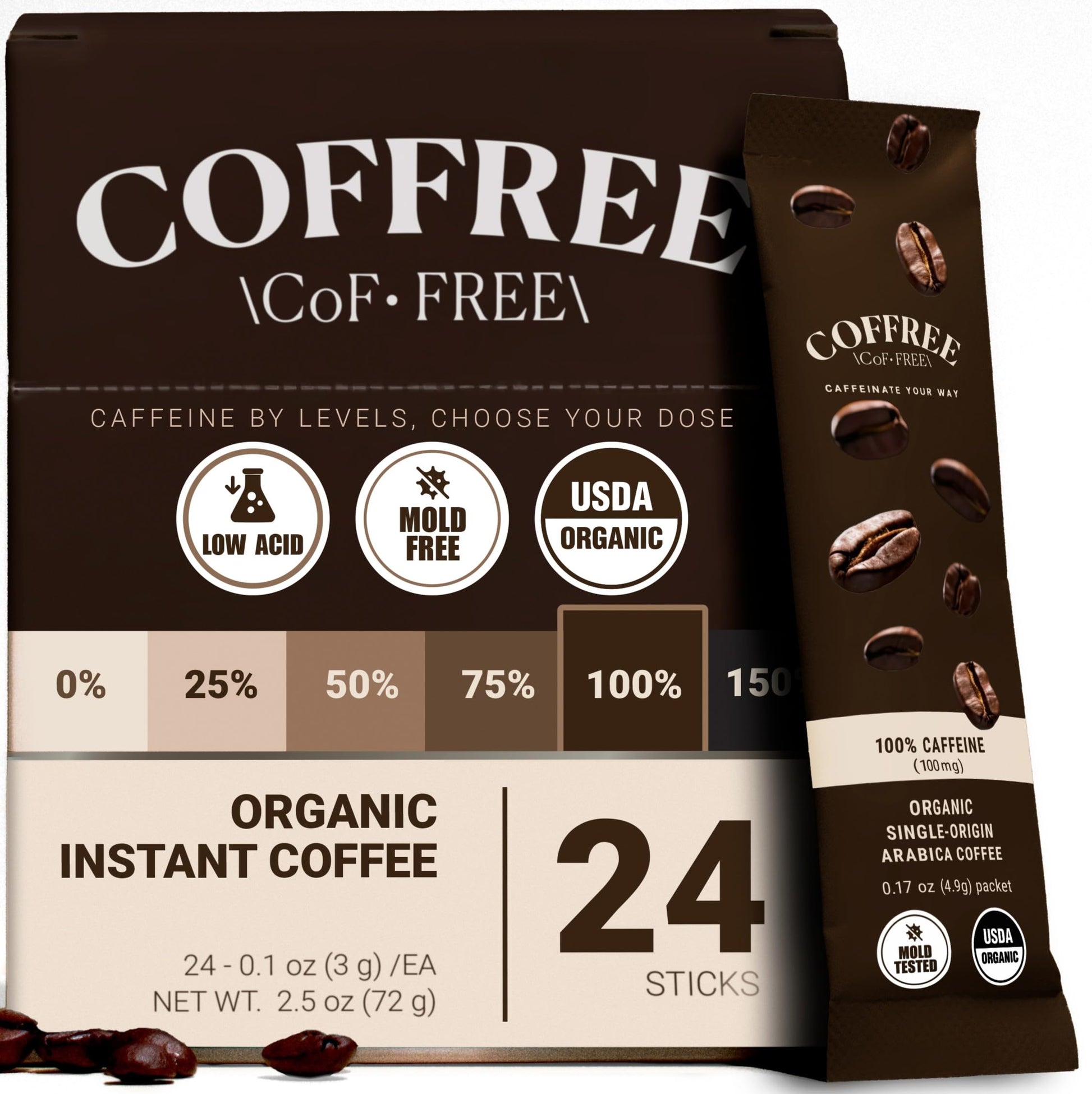 COFFREE Organic Instant Coffee Packets - 100% Caffeine  Convenient Coffee Sticks  Mold Free  Low Acid Arabica Beans for On-the-Go Energy - Hot or Cold Rich Taste Single Serve Travel Packets 24 Count