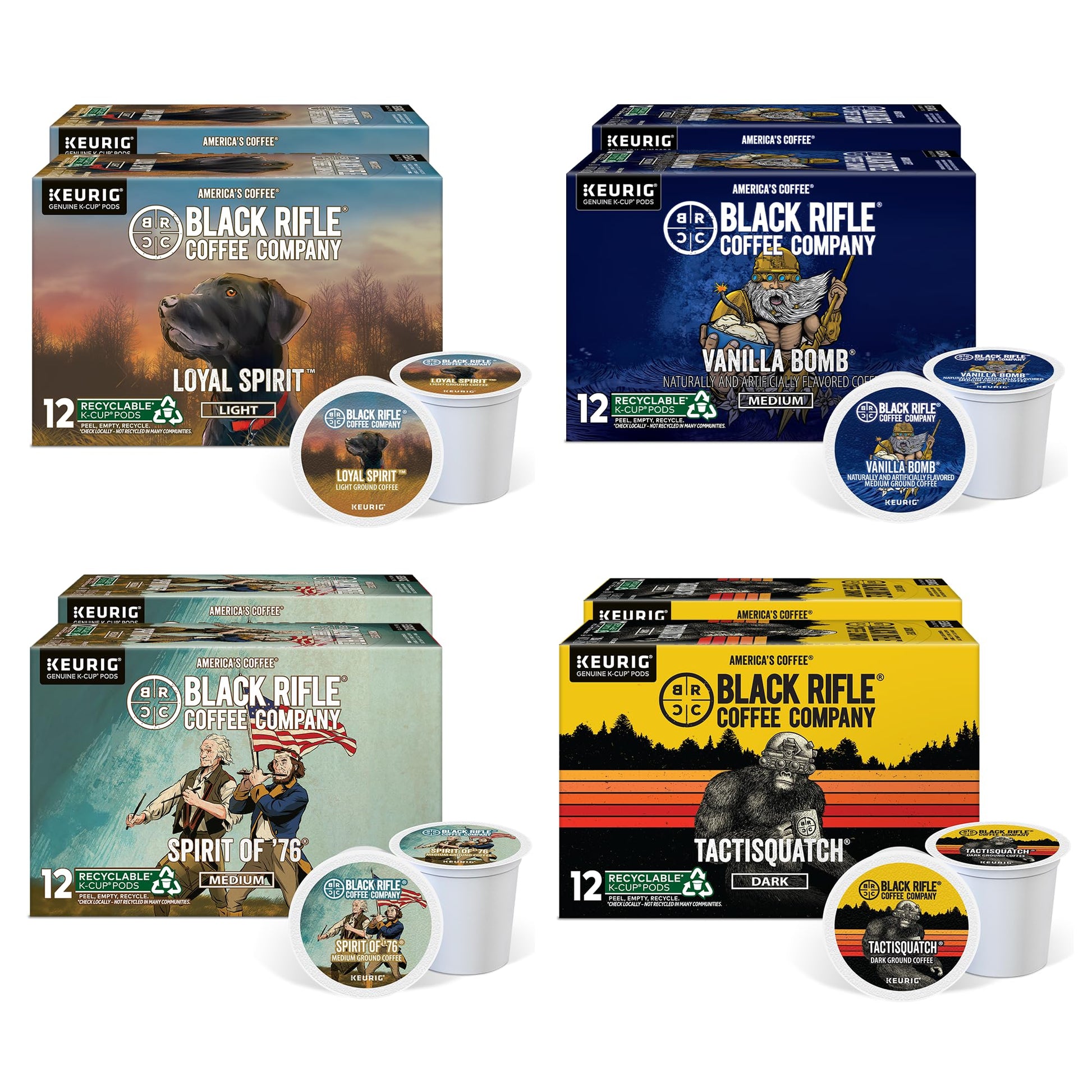 Black  Coffee Flavored Variety 96 Pods - Loyal Spirit (Light Roast)  Vanilla   & Spirit of 76 (Medium Roast)  and Tactisquatch (Dark Roast) - K Cups Coffee Variety Pack
