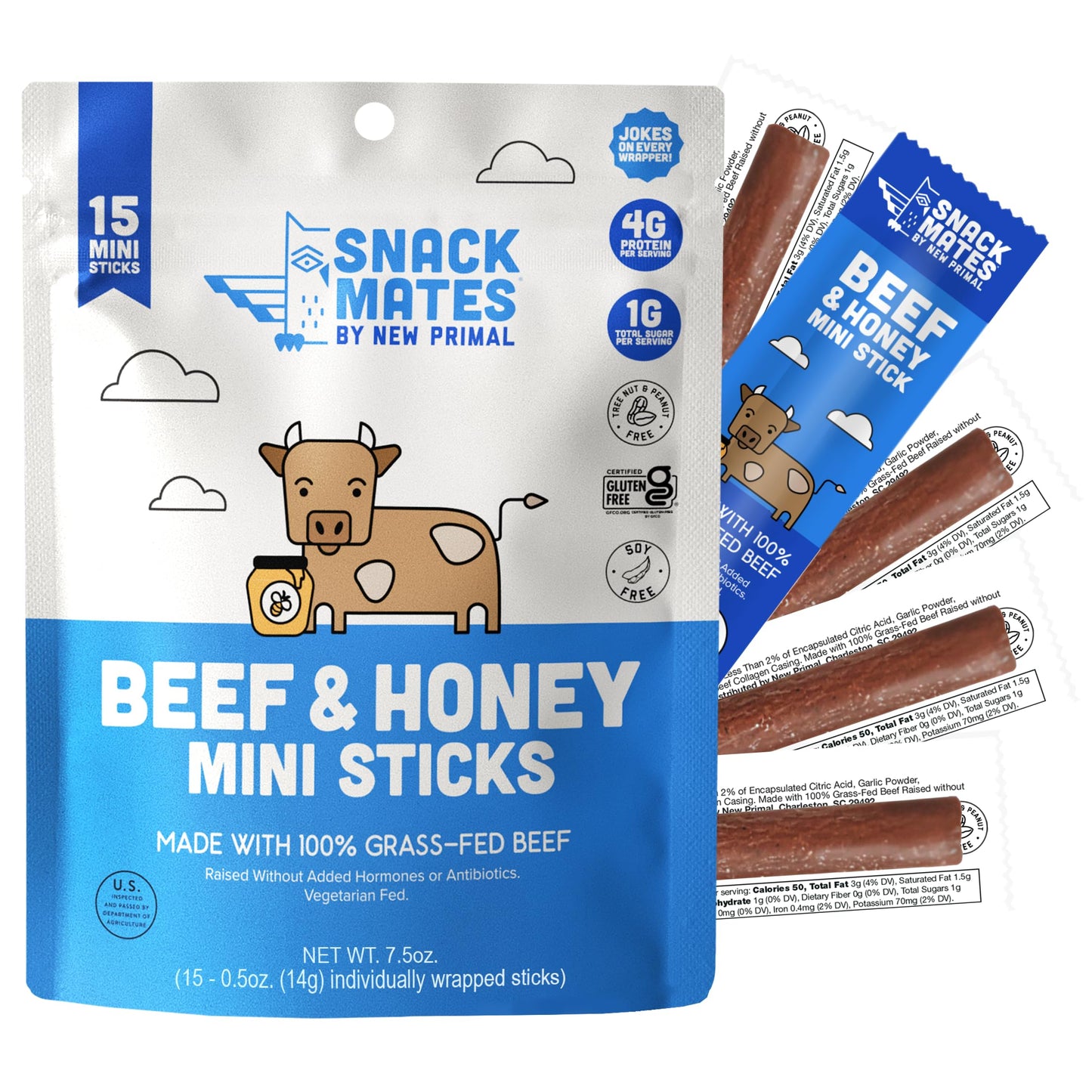 New Primal Snack Mates Beef & Honey Sticks  Healthy Snacks for Kids  Low Sugar High Protein Back to School Snacks  Gluten Free  Mini Jerky Meat Stick  4g Protein  50 Calories  15 Pack
