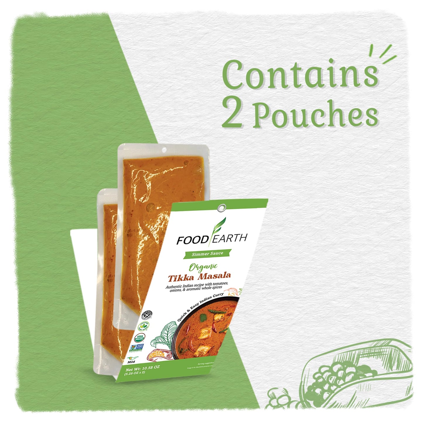Food Earth Indian Simmer Sauce - Tikka Masala - Organic, Vegan, Gluten-Free, GMO-Free - Microwavable Cooking Sauce - 12 Pouches