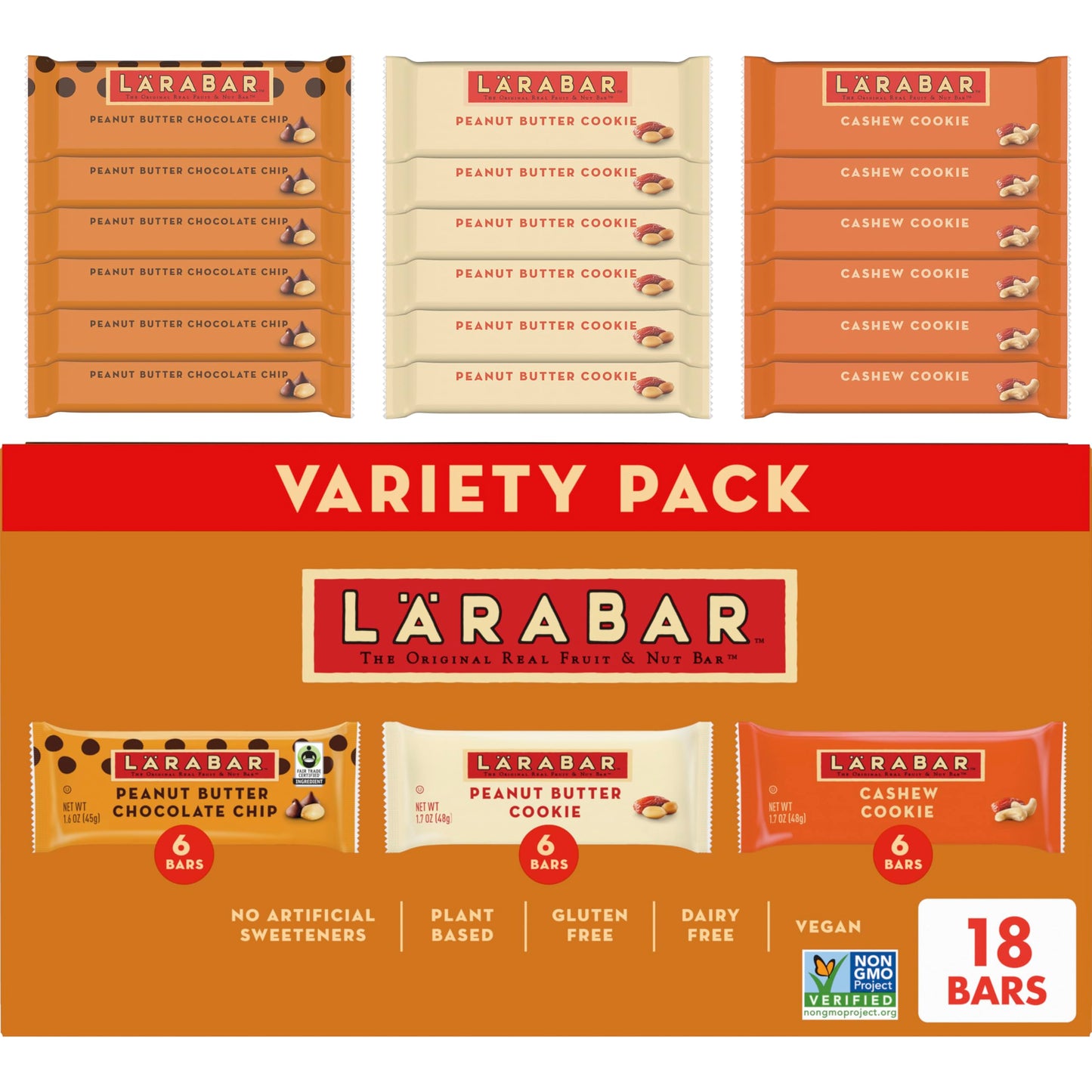 LÄRABAR Variety Pack Gluten Free Vegan Fruit & Nut Bars, 18 Count, 1 lb 14 oz