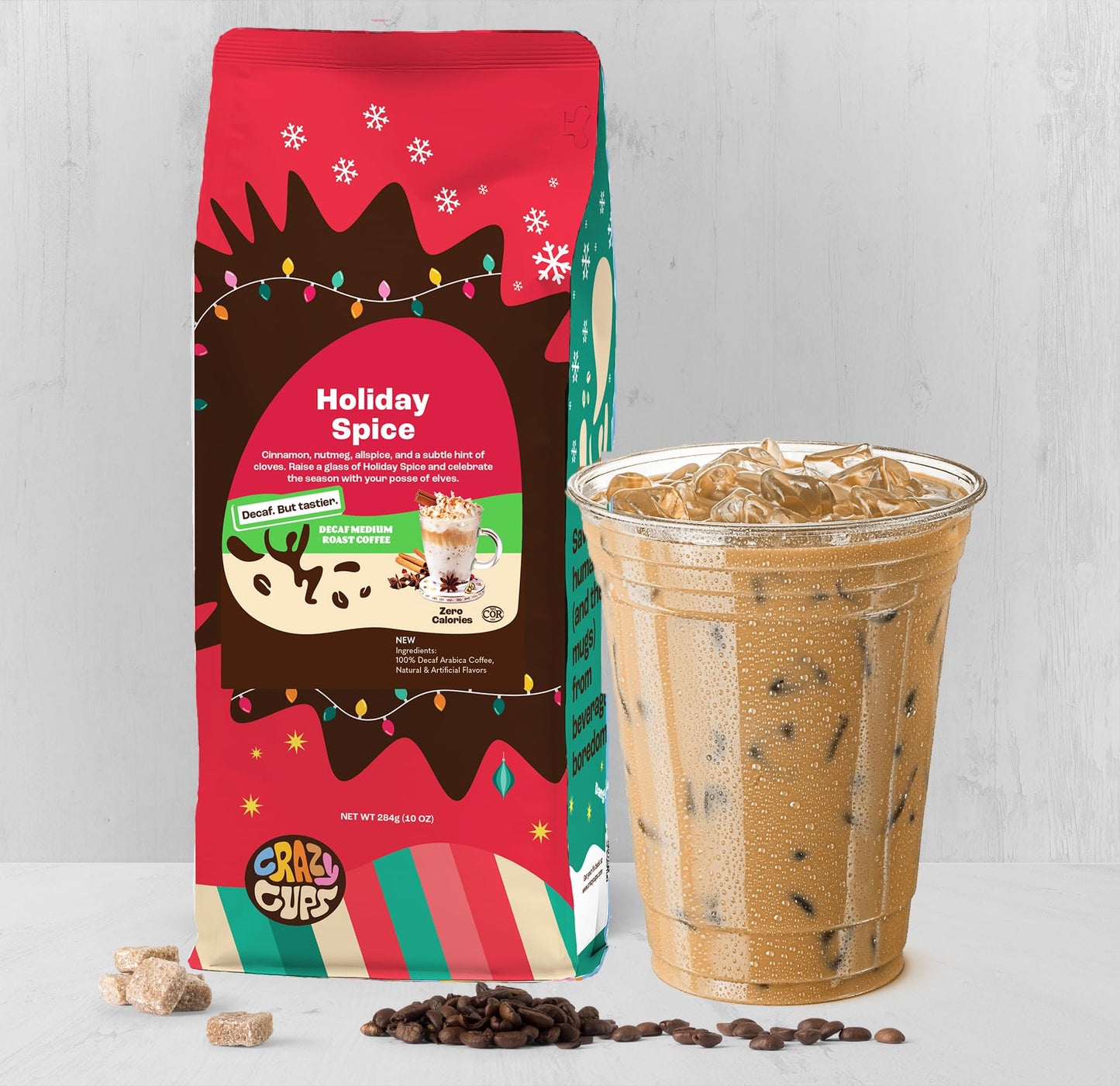 Crazy Cups Decaf Flavored Holiday Ground Coffee Variety Pack, Includes Decaffeinated Holiday Spice, White Christmas, Caramel Eggnog In 10 Oz Bags, 3 Pack