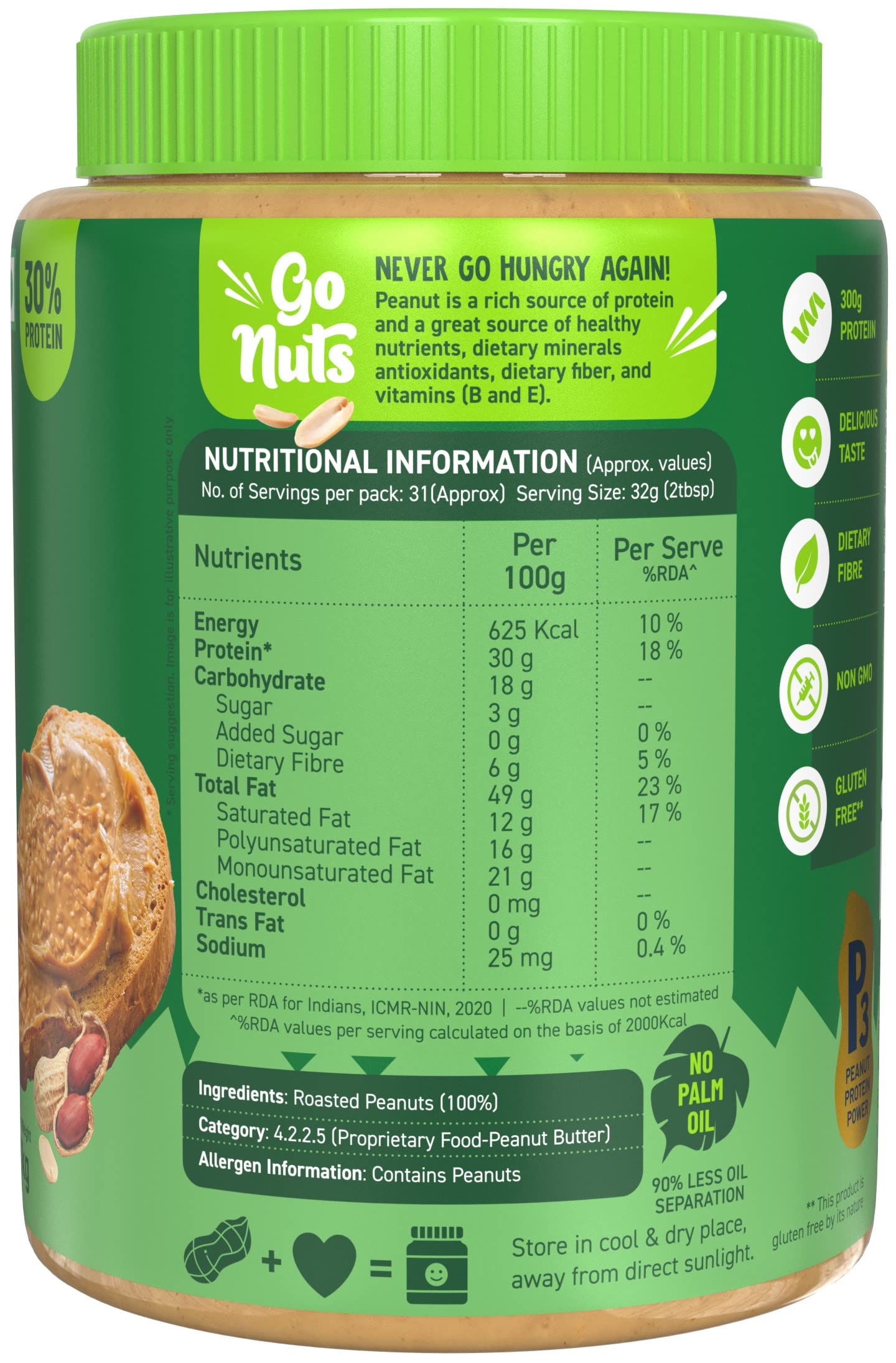 Alpino Natural Peanut Butter Crunch 1Kg - 100% Roasted Peanuts - 30G Protein, No Added Sugar & Salt, Non-Gmo, Gluten Free, Vegan
