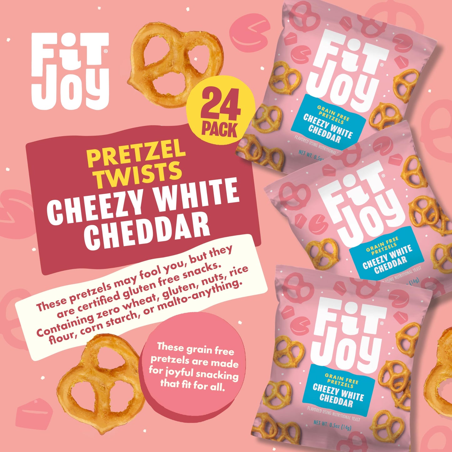 FitJoy White Cheddar Pretzels Snack Pack - Gluten Free, Vegan, 0.5 Oz, 24 Count