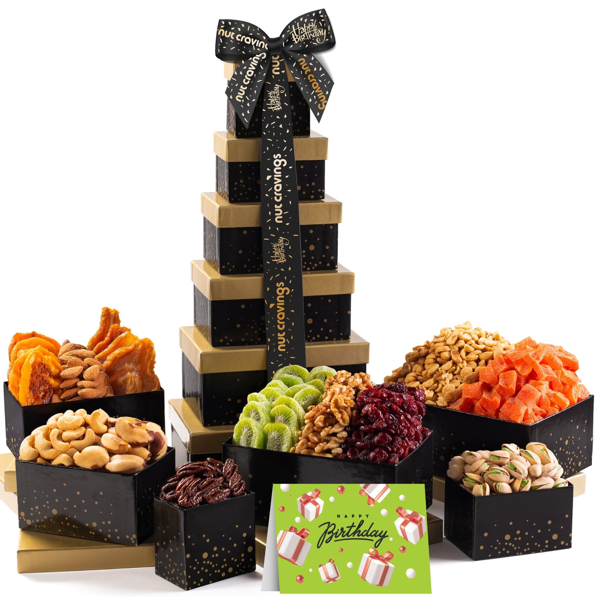 Nut Cravings Gourmet Collection - Happy Birthday Nuts & Dried Fruits Tower Gift Basket With Hb Ribbon (12 Assortments) Food Plat