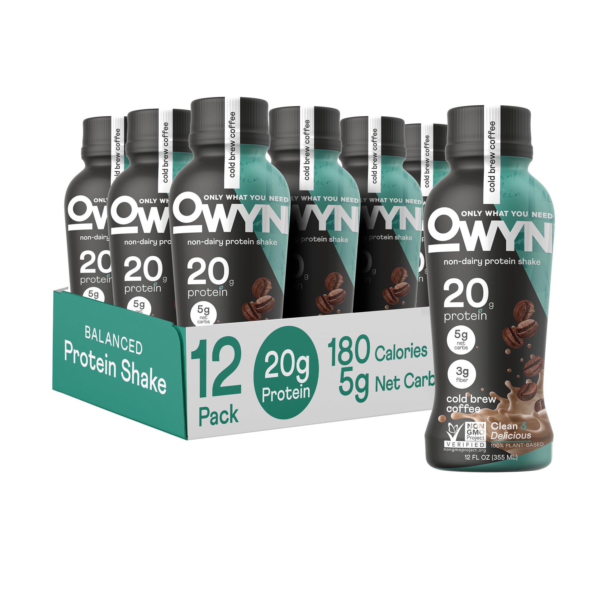 OWYN Only What You Need Vegan Plant-Based Protein Shake, Cold Brew Coffee, 12 Pack, with 20g Plant Protein, Omega-3, Prebiotic s