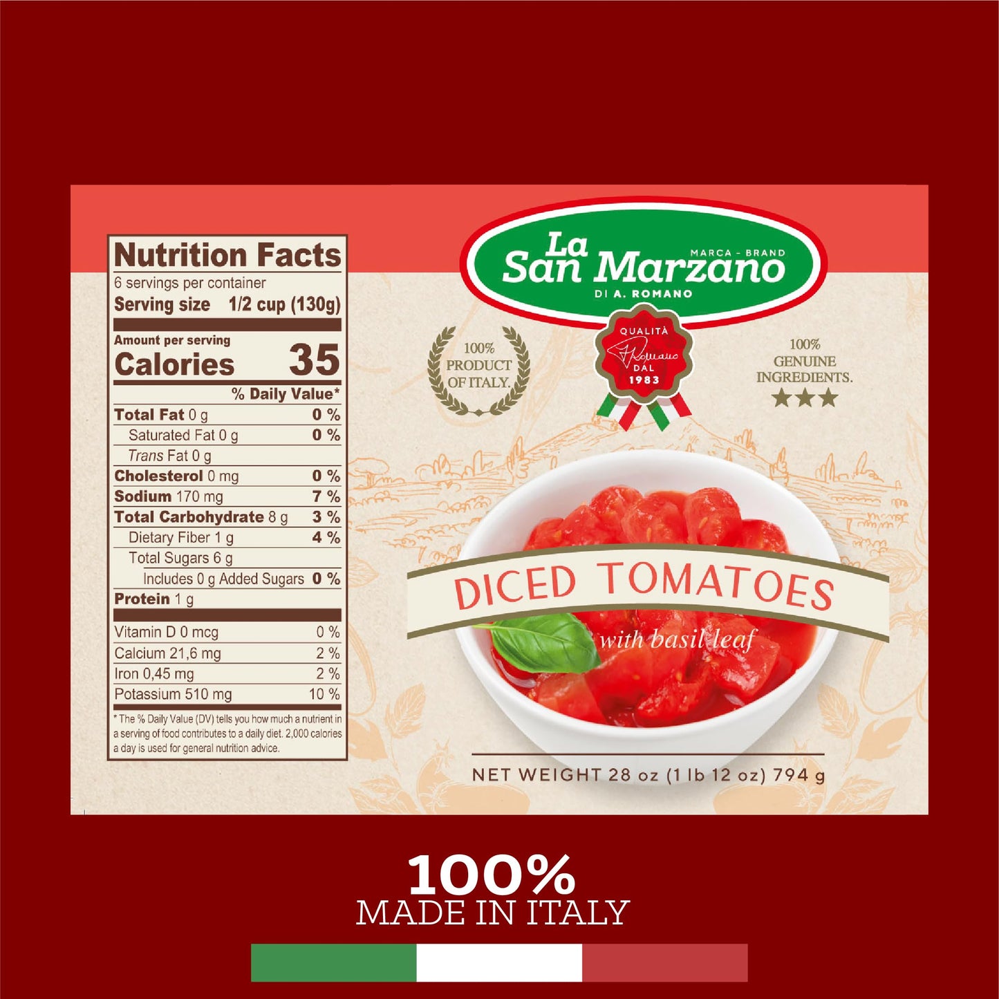 La San Marzano Italian Diced Tomatoes, 28 Oz Can, Pack of 6, 100% Product of Italy, San Marzano Region