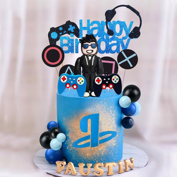 Video Game Cake Toppers Gamer Cake Decoration Game Controller Blue Black Ball Cake Toppers For Game Theme Party Man Boy Birthday