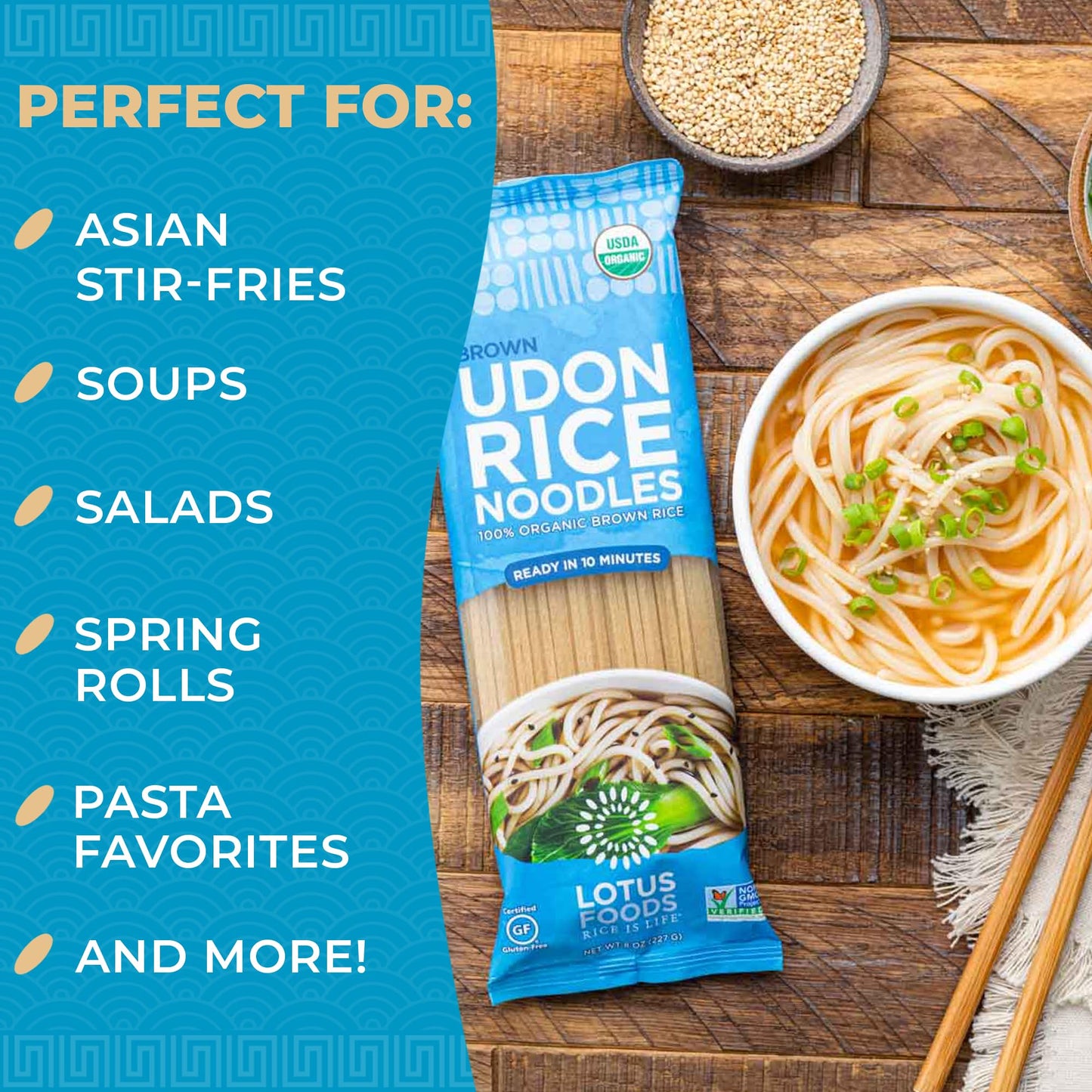 Lotus Foods Organic Brown Udon Rice Noodles - Gluten Free Udon Noodles, Organic Brown Rice Noodles, Vegan Asian Style Noodles, W
