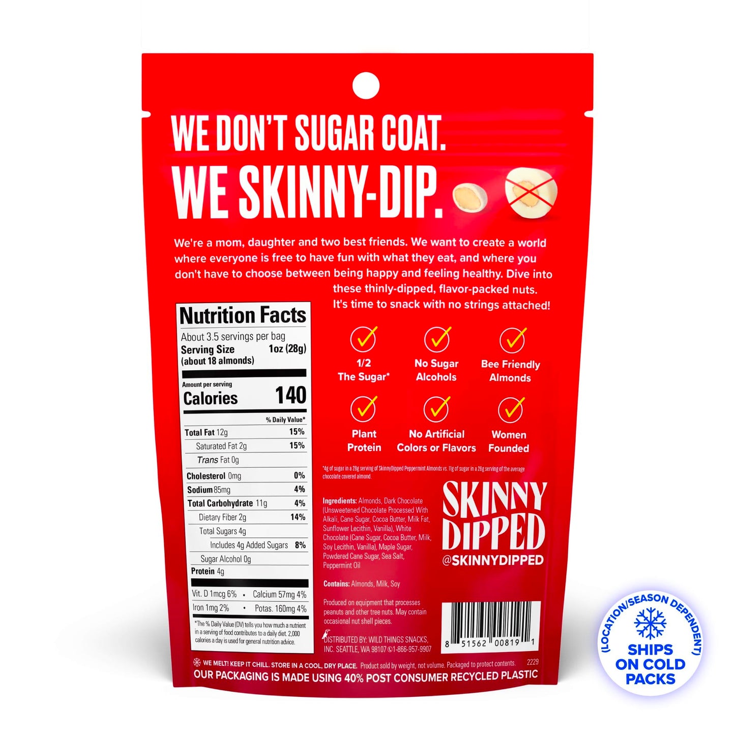 SkinnyDipped Dark Chocolate Peppermint Almonds, Healthy Snack, Plant Protein, Gluten Free, 3.5 oz Resealable Bags, Pack of 5