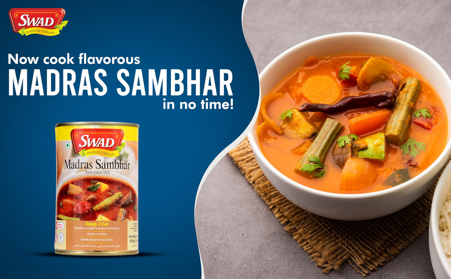 Swad Ready To Eat Madras Sambhar Instant Mix Vegetarian Heat & Eat With No Added Preservative - 450 Grams (Pack Of 2)