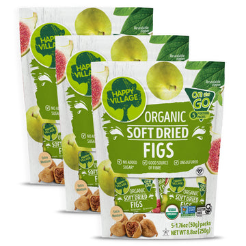 Happy Village Organic Soft Dried Figs On the Go - 3 Bags (15 Individual Portion Packs) | Healthy, Organic, Non-GMO, Vegan, Koshe