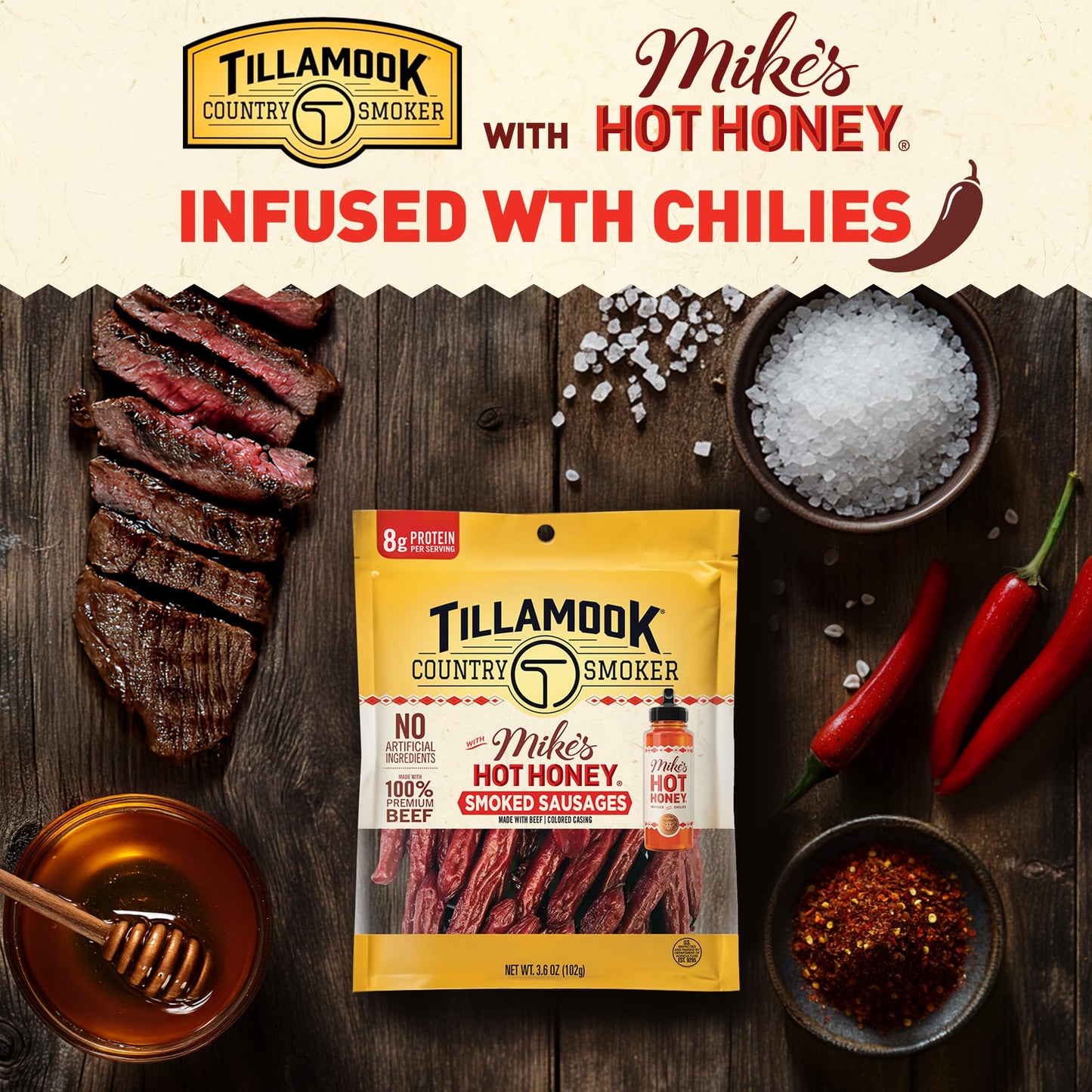 TILLAMOOK COUNTRY SMOKER Beef Smoked Sausages, Sweet & Spicy, 3.6 Ounce, Low Carb, High Protein, Ready to Eat Snack