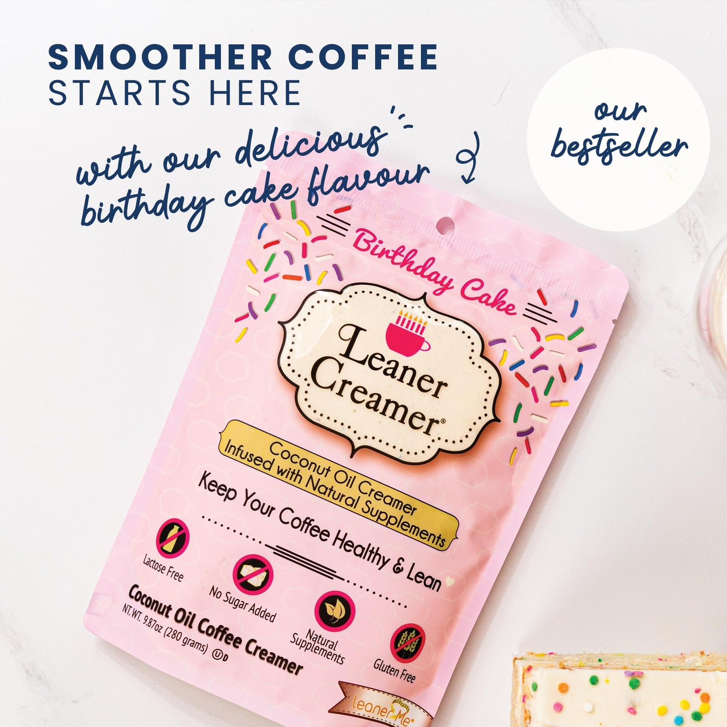 Leaner Creamer Non-Dairy Sugar Free Coffee Creamer Powder, Birthday Cake Flavor, 9.87 oz (Pack of 1)