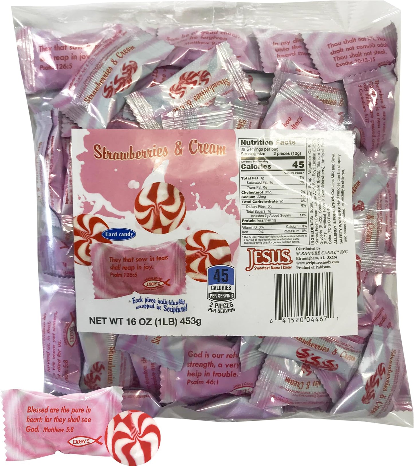 Scripture Candy, Strawberries & Cream Hard Candy 1 Pound Bag, 75 Pieces