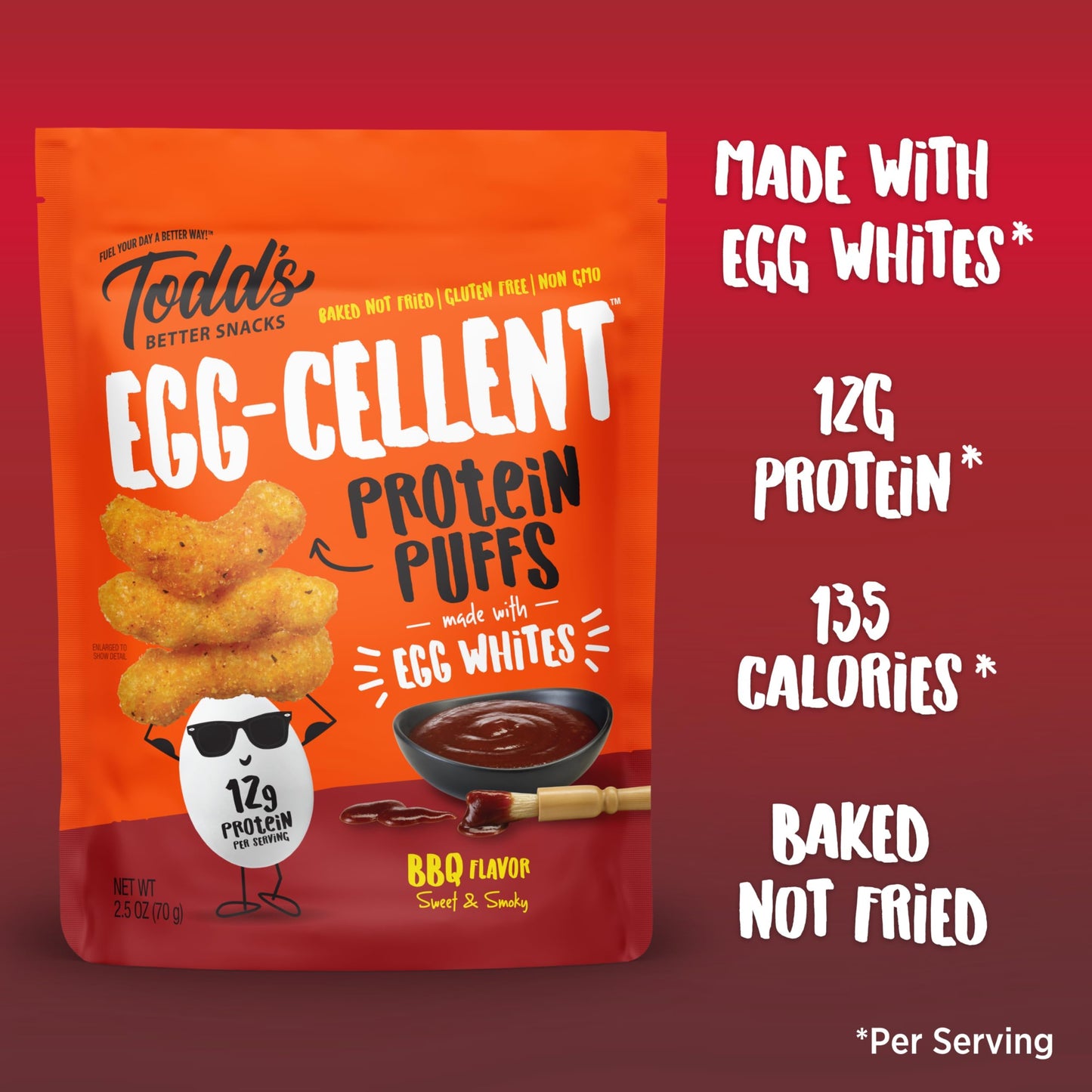 Todd s Better Snacks Egg-Cellent Protein Puffs, Sweet & Smoky BBQ - 12g Protein, Gluten-Free, Paleo-Friendly, Baked, GLP-1 Comp