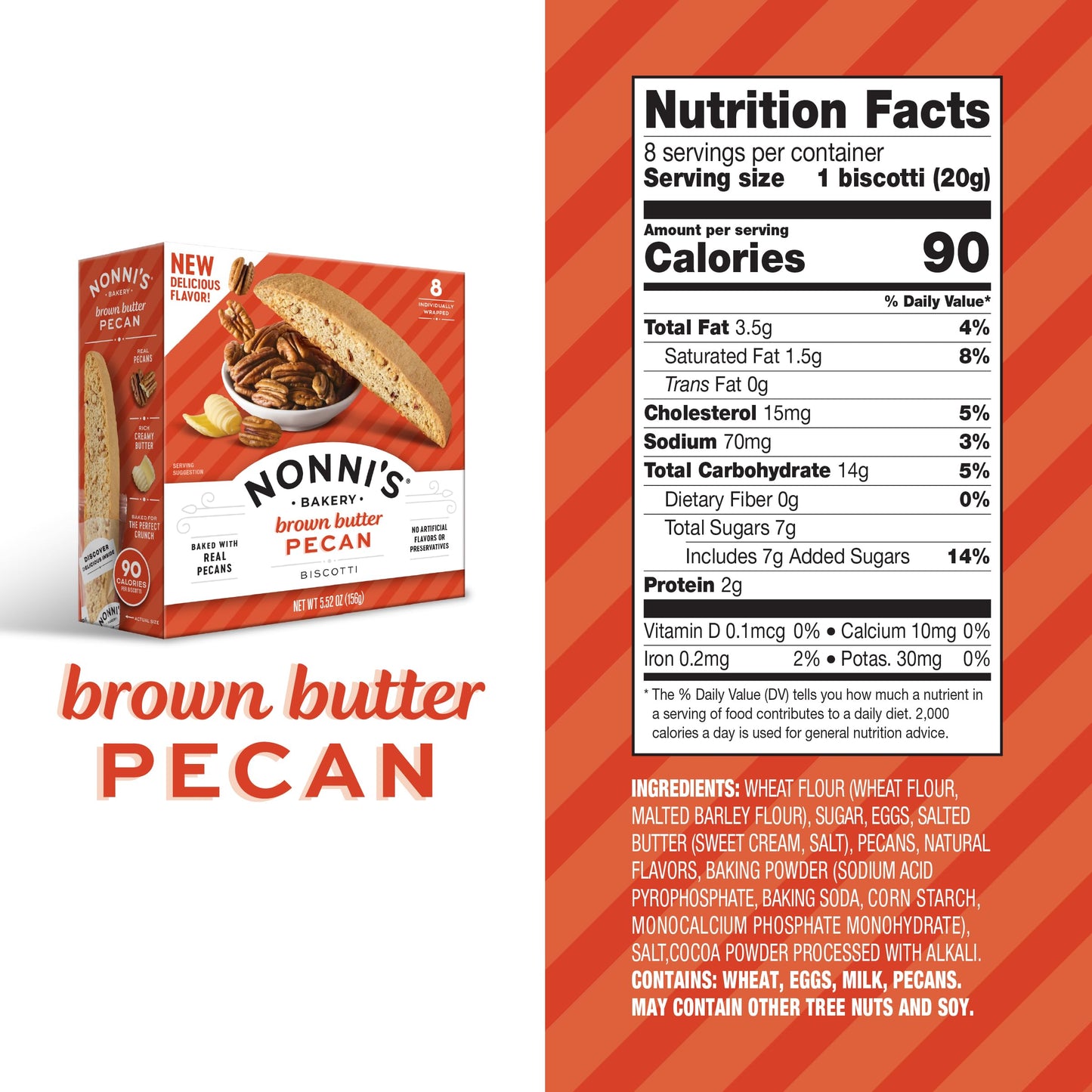 Nonnis Brown Butter Pecan Biscotti, Nutty Pecan Cookie with Rich Browned Butter Flavor, 8 Individually Wrapped Bakery Snacks, 5