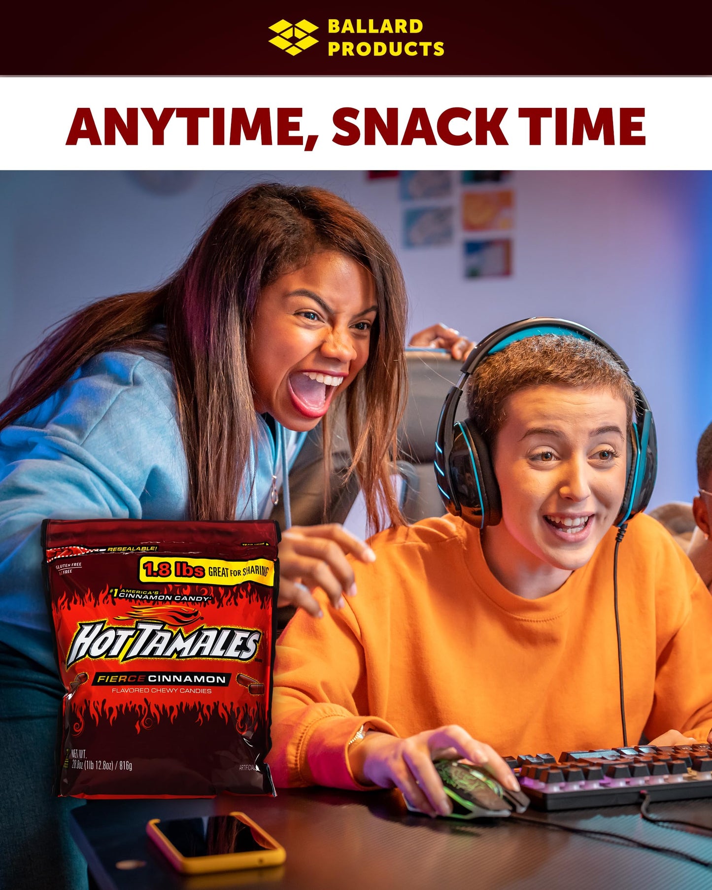 Hot Tamales Cinnamon Chewy Candy Pack Of 1 Big Bag - 1.8Lb Each - Bulk Candy Bundle Of Spicy Cinnamon Candy - Bundle With Ballar
