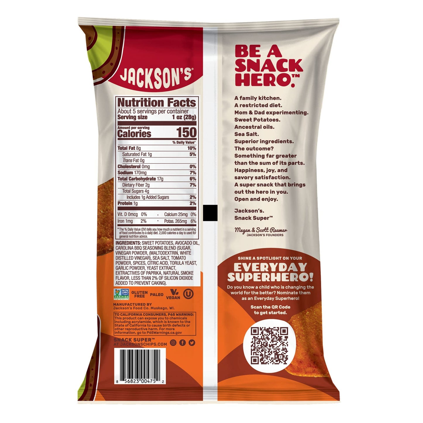 Jacksons Sweet Potato BBQ Kettle Cooked Chips, Gluten-Free, Vegan, 5 oz (Pack of 7)