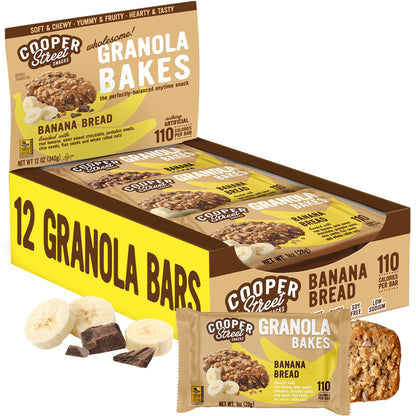 Cooper Street Banana Bread Granola Bakes (12 pack) - Individually Wrapped Soft and Chewy Breakfast Granola Bars - Nut, Dairy & S