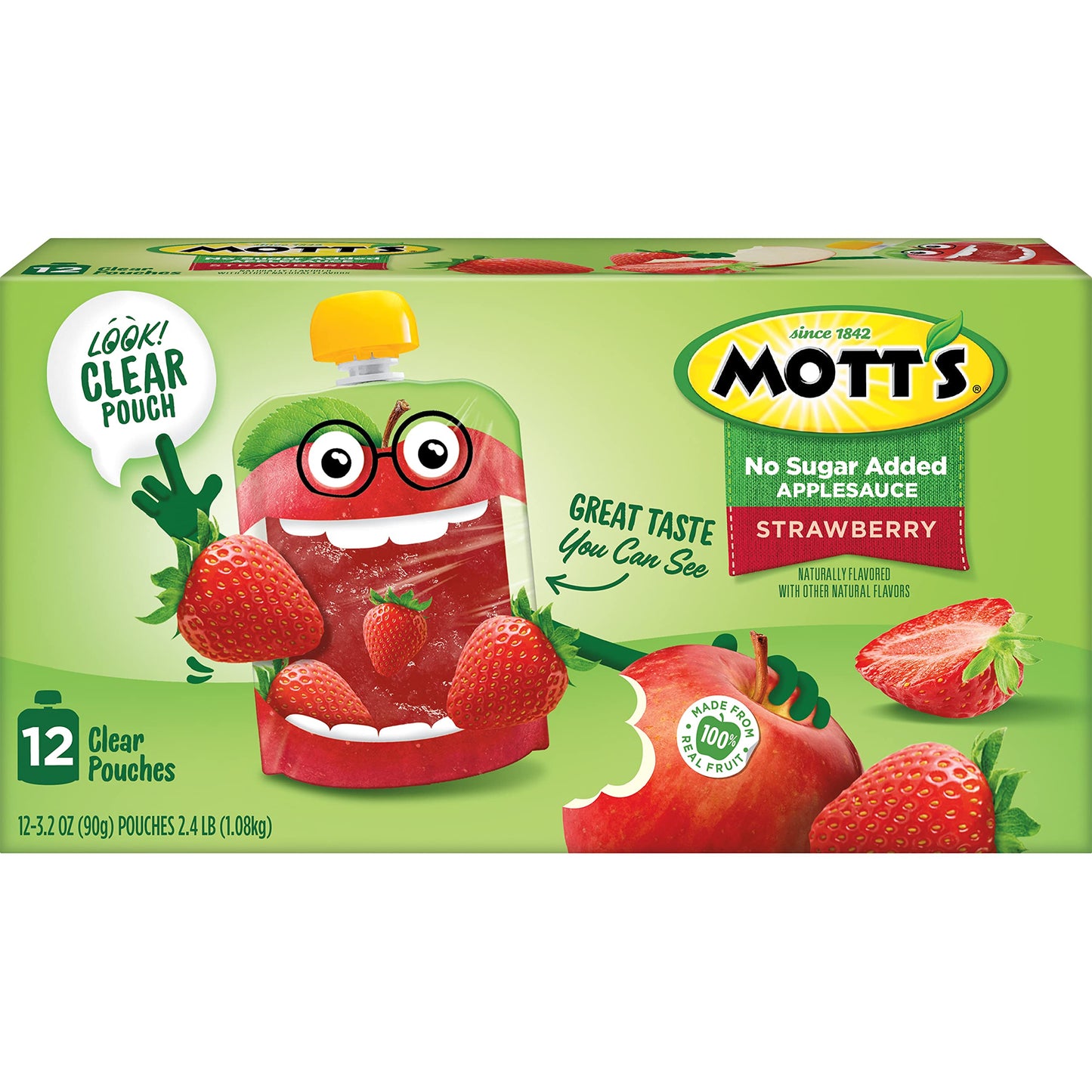 Motts No Sugar Added Strawberry Applesauce, 3.2 oz clear pouches, 12 count