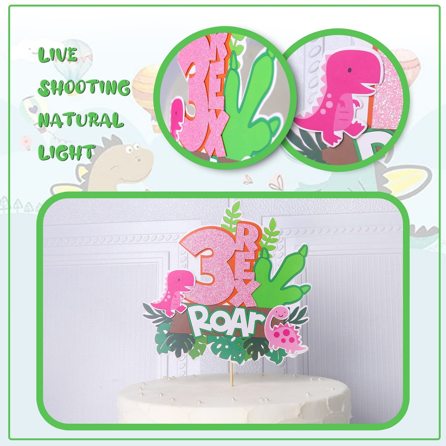 Rssta i Dinosaur 3rd Birthday Cake Topper, Pink, W 6 x H 8, Model XM107-Pink 3, Paper Decoration for Dino Theme Party