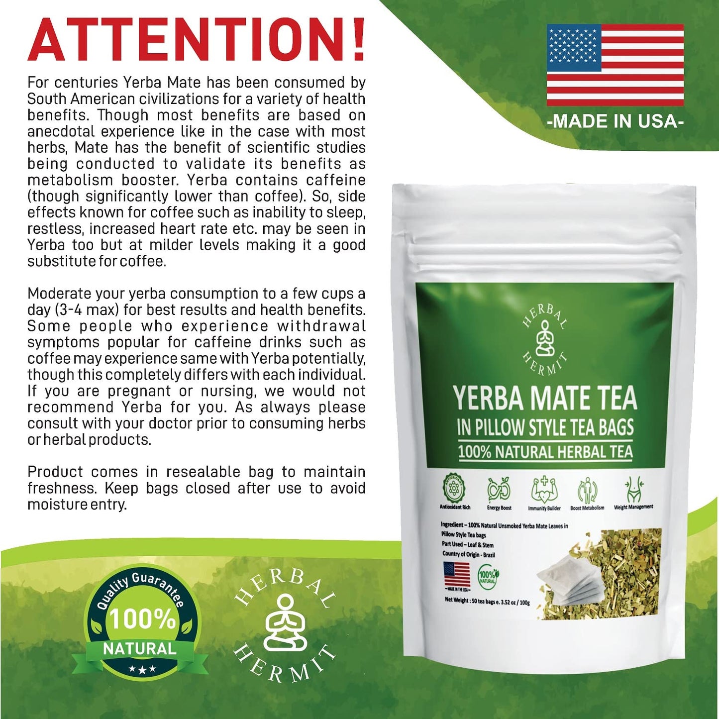 Herbal Hermit Yerba Mate Herbal Tea, 50 Tea Bags, 3.5 Ounce, Natural, Rich in Chlorophyll, Made in USA
