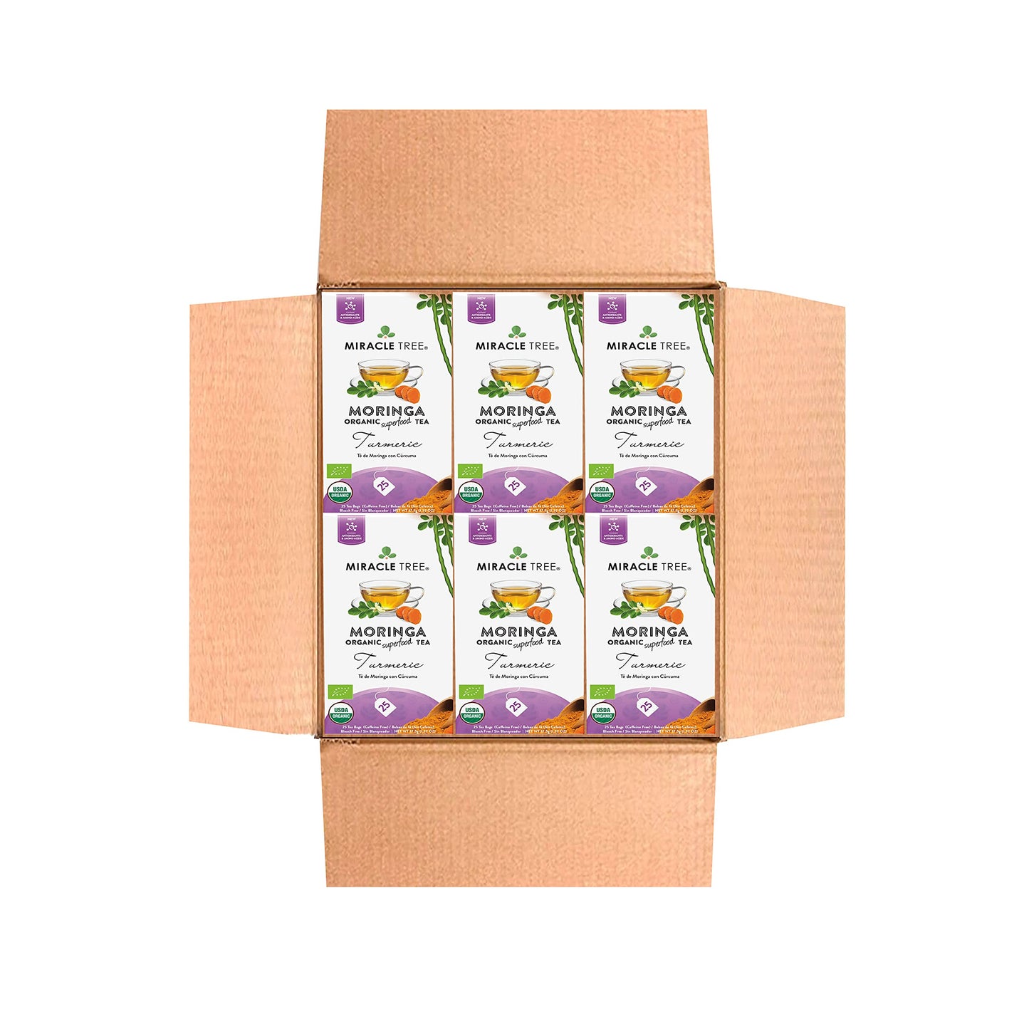 Miracle Tree Organic Moringa Superfood Tea, 25 Tea Bags per Pack, 6 Count, Caffeine-Free, Vegan, Gluten-Free, Non-GMO