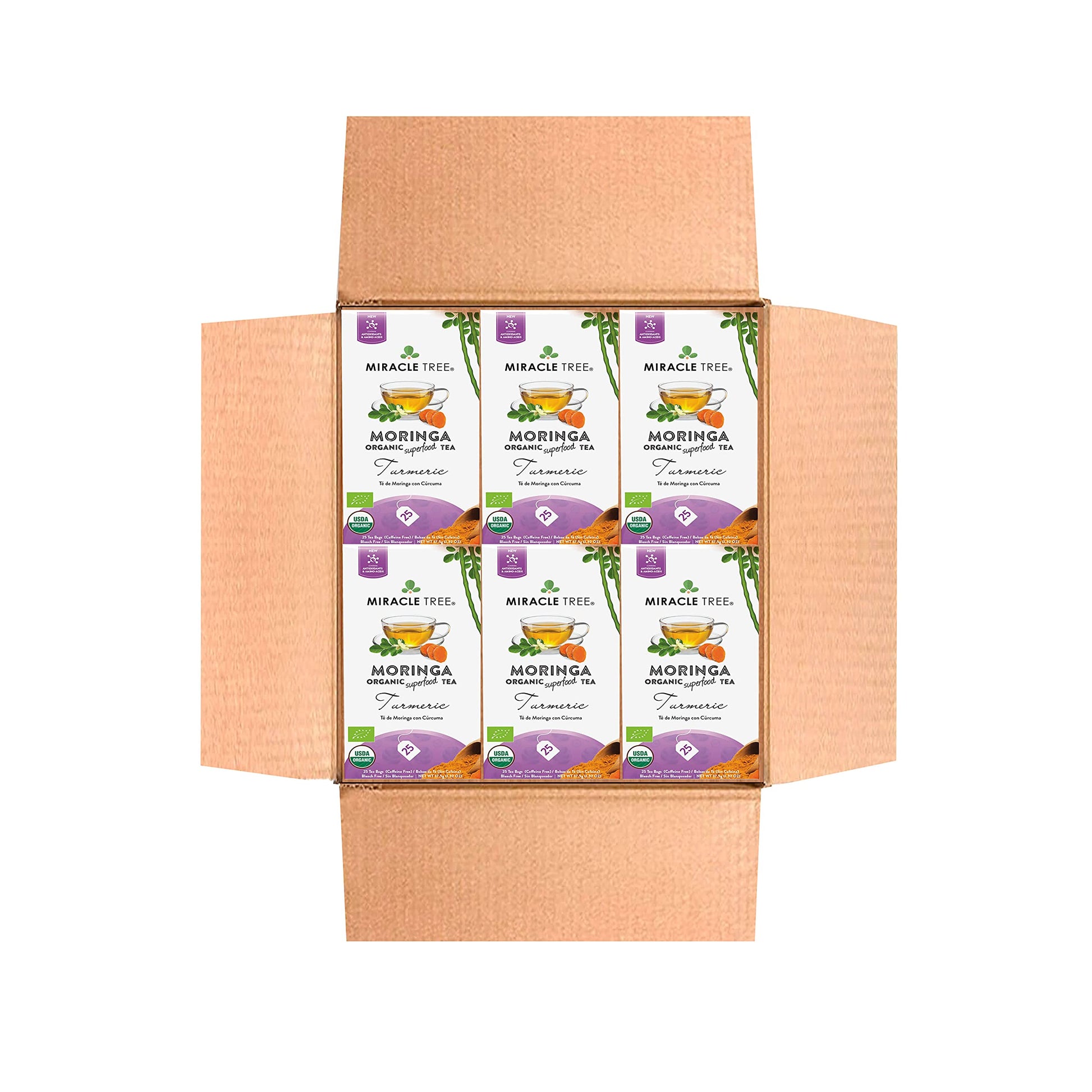 Miracle Tree Organic Moringa Superfood Tea, 25 Tea Bags per Pack, 6 Count, Caffeine-Free, Vegan, Gluten-Free, Non-GMO