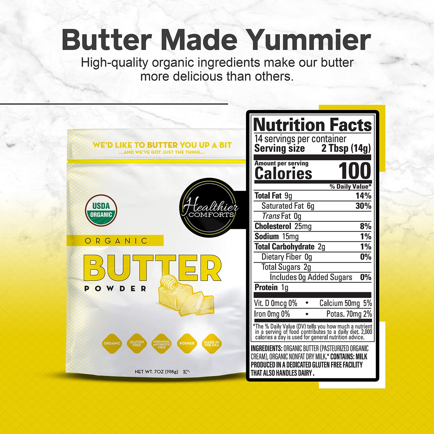 Healthier Comforts Organic Butter Powder | USDA Certified Organic Dehydrated Unsalted Butter | Kosher, Gluten Free, Non-GMO | Po