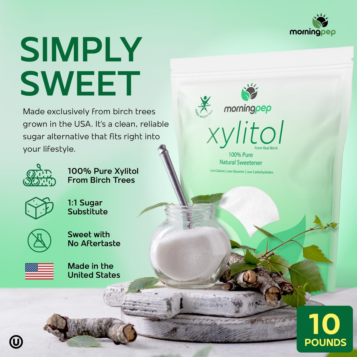 Pack Of 2 Morning Pep Pure Birch Xylitol (Keto Diet Friendly) Sweetener With No Aftertaste Bulk Size 10 Lbs (Not From Corn) Non Gmo Kosher Gluten Free Product Of Usa. Total 20 Lbs (320 Oz)