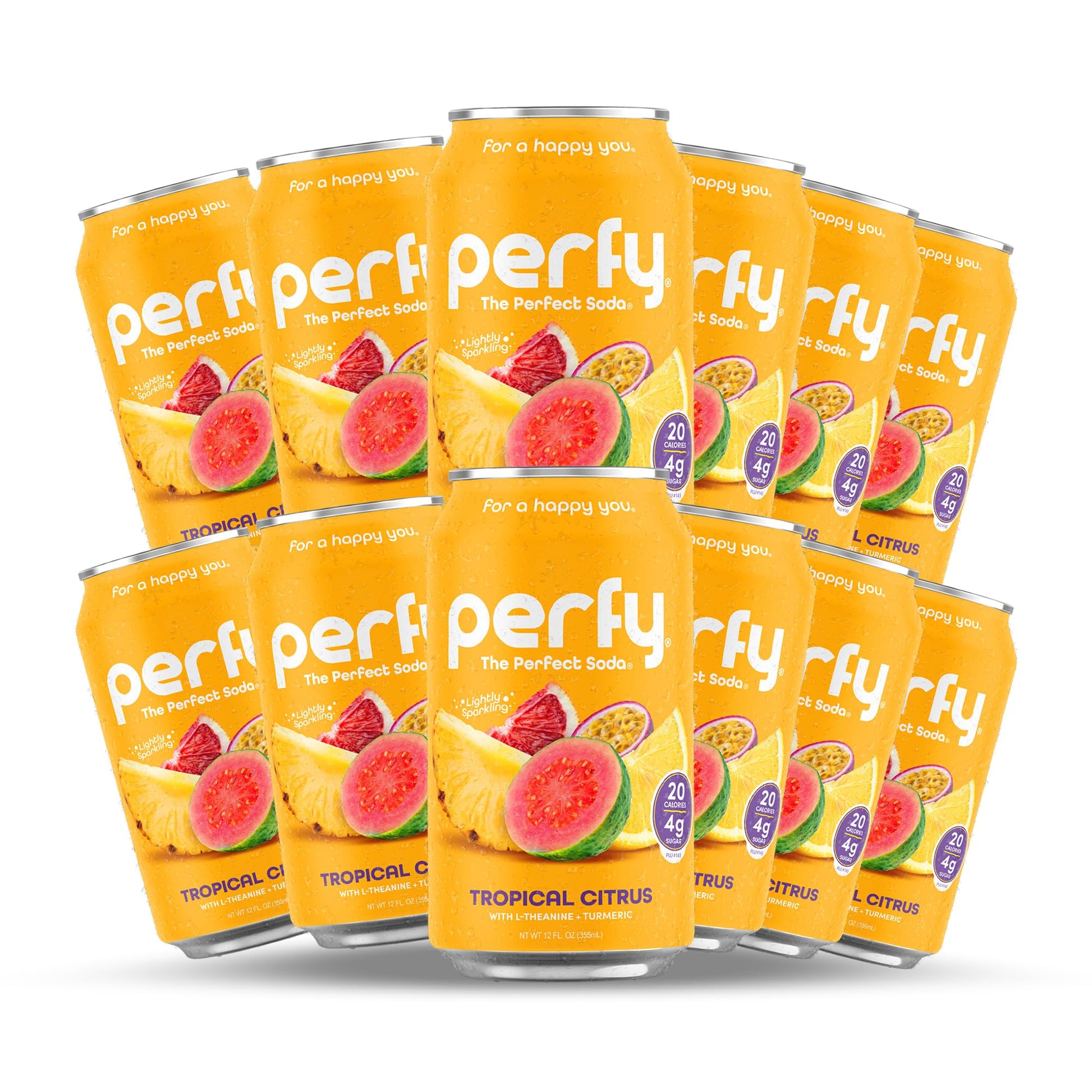 Perfy Energy Blend Free Tropical Citrus Soda | Made With Real Fruit Juice - Low Sugar Nootropic Drink With L-Theanine + Turmeric | Calming Adaptogen Mocktail | Keto + Glp-1 Friendly | (12-Pack Healthy Functional Soda Alternative)