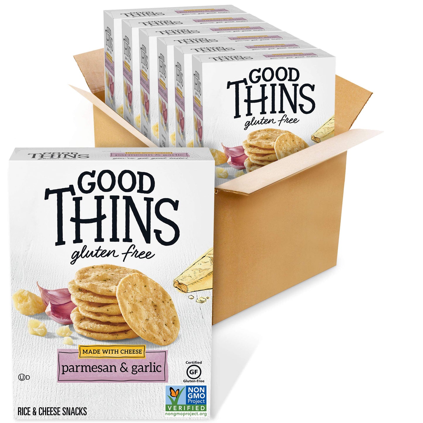 GOOD THINS Parmesan & Garlic Rice & Cheese Snacks Gluten Free Crackers, Bulk Snack Crackers, 6 - 3.5 oz Boxes