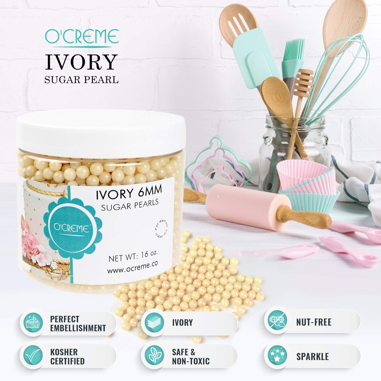 OCREME Edible Sugar Pearls for Cake Decorating, Ivory, 8mm, 8 oz