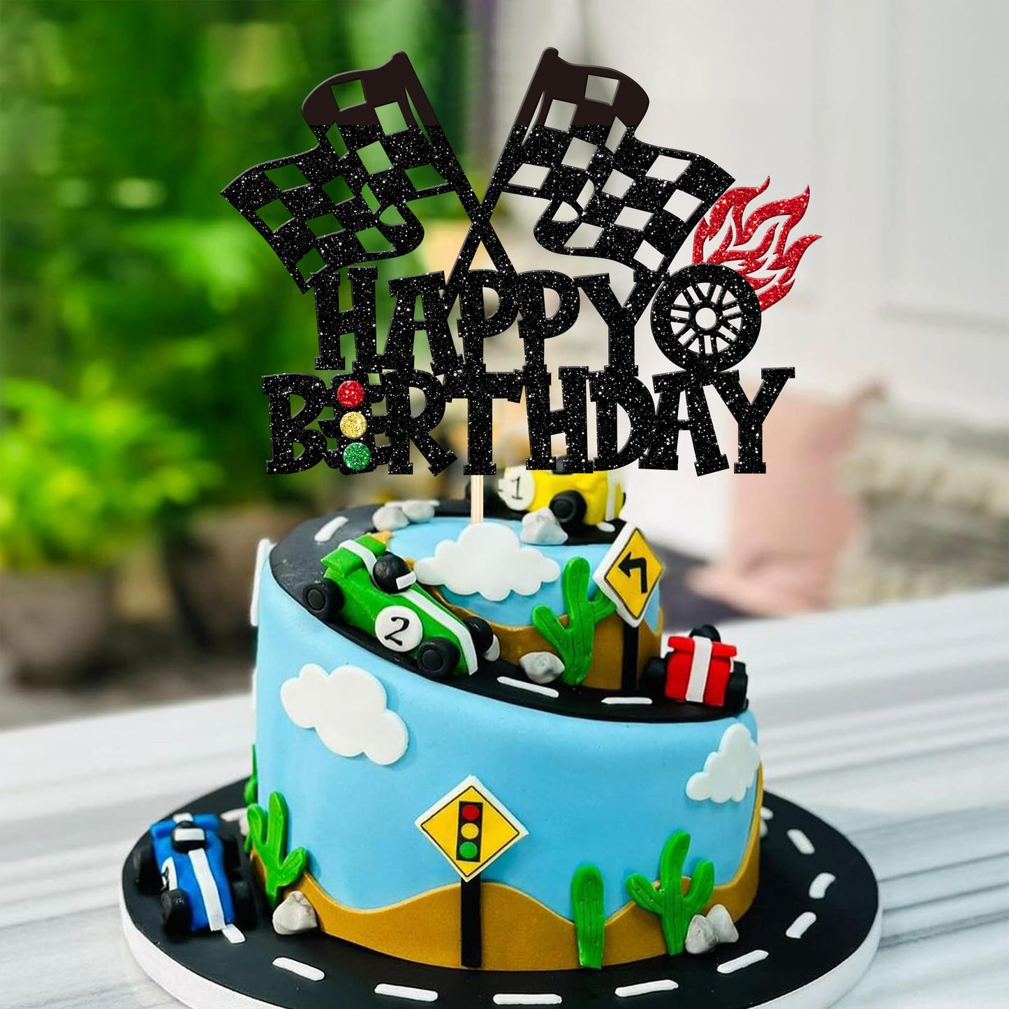 1 Pcs Race Car Happy Birthday Cake Topper Glitter Traffic Light Trophy Flag Wheel Racing Car Cake Pick For Let'S Go Racing Theme
