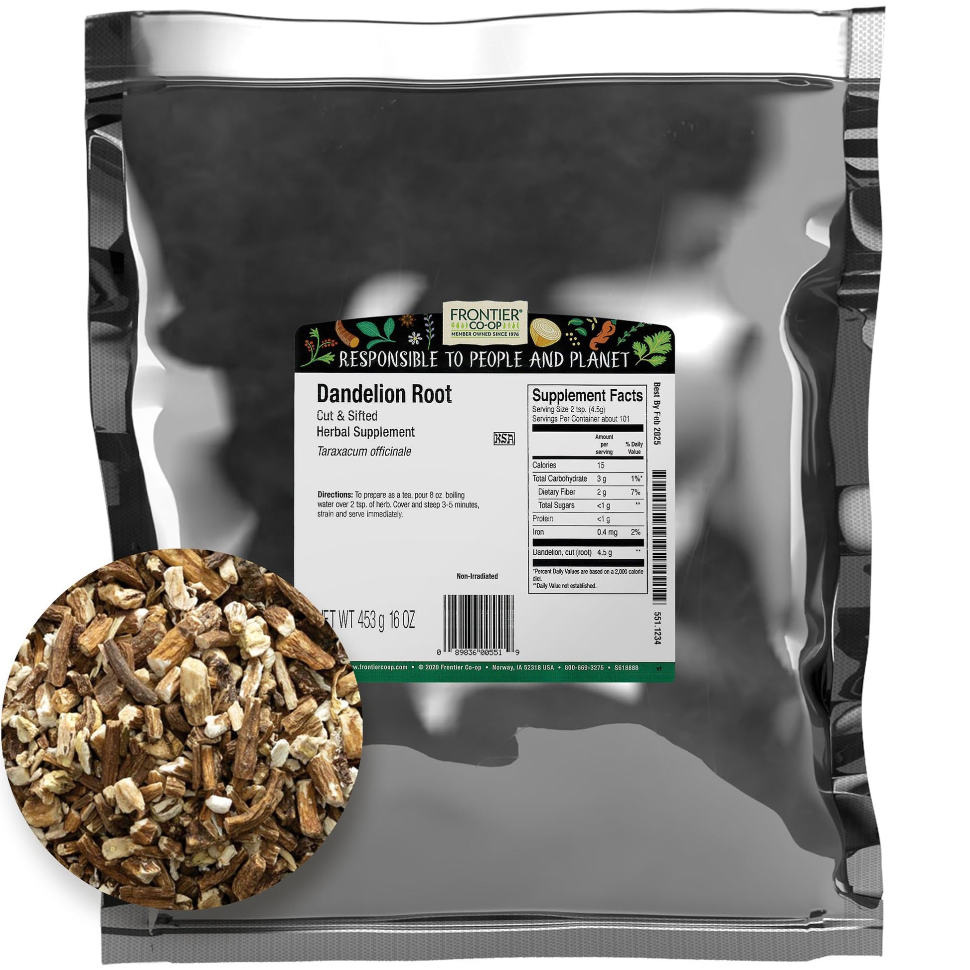Frontier Co-Op Cut And Sifted Dandelion Root 1Lb Bulk Bag - Caffeine-Free Coffee Alternative, Perfect For Making Dandelion Root Tea, Powder And Capsules