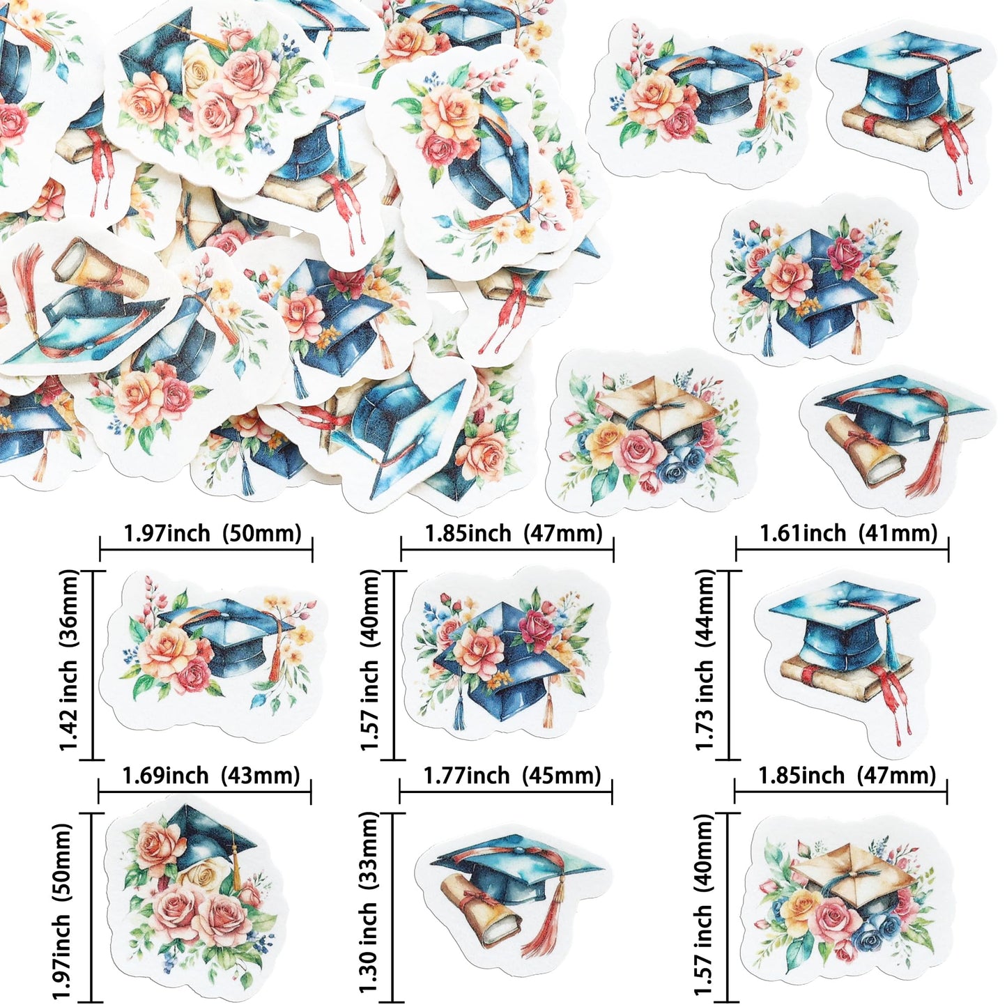 Ephlyn 54Pcs Edible 2025 Graduation Cupcake Toppers Wafer Paper Flower Grad Cap Cupcake Picks Diploma Done Congrats Grad Cake De