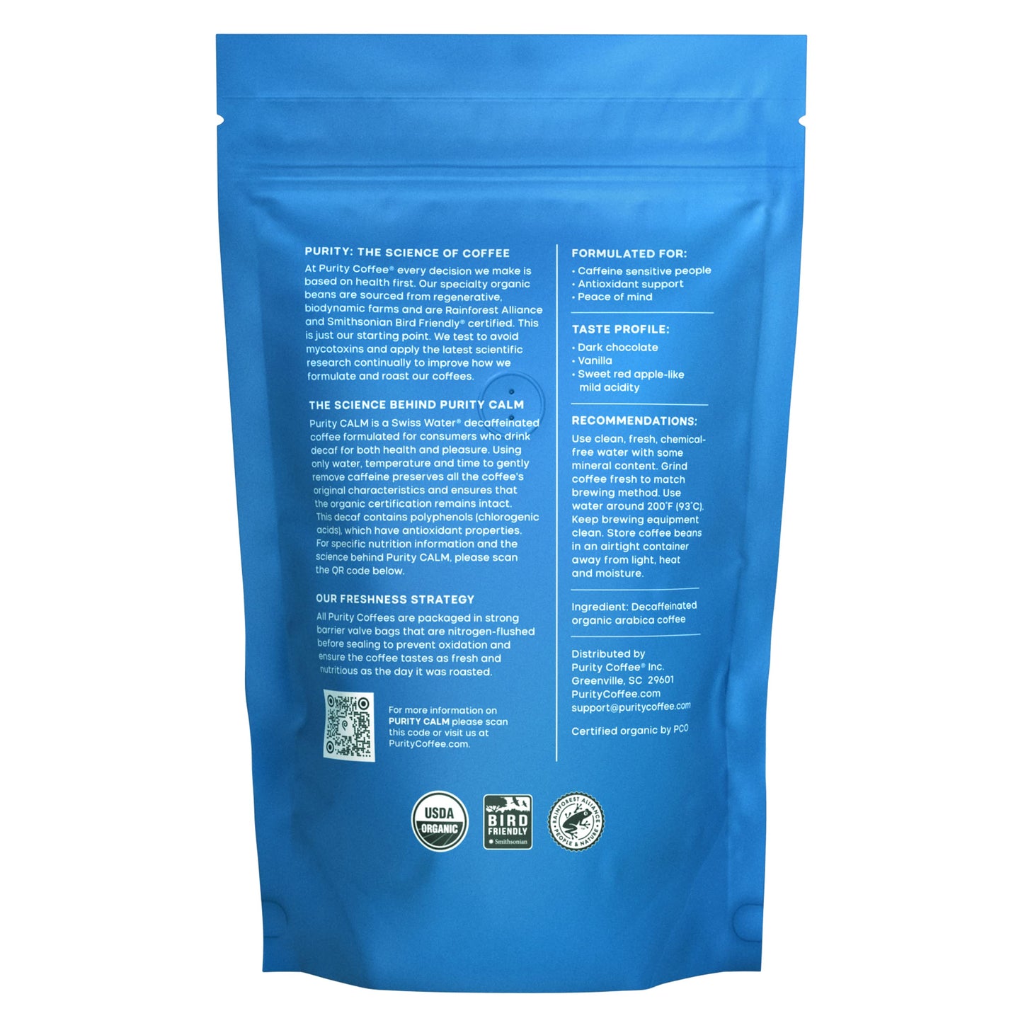 Purity Coffee CALM Decaf Medium Roast Whole Beans - USDA Certified Organic Specialty Grade Arabica Swiss Water Processed Decaffeinated - Third Party Tested for Mold  Mycotoxins  Pesticides - 12 oz Bag