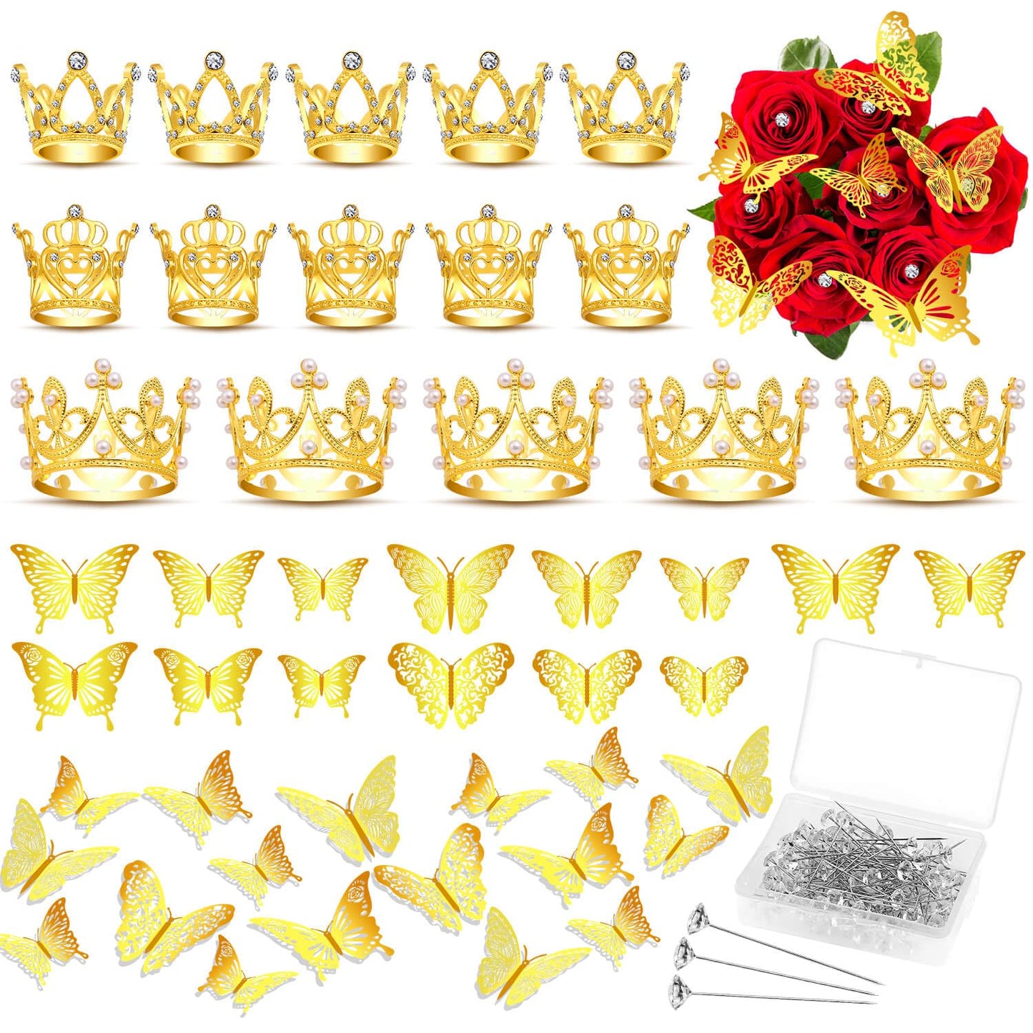 cridoz 163Pcs Flower Bouquet Accessories, 15Pcs Mini Crowns with 48Pcs Gold 3D Butterfly Decorations and 100Pcs Corsage Boutonni